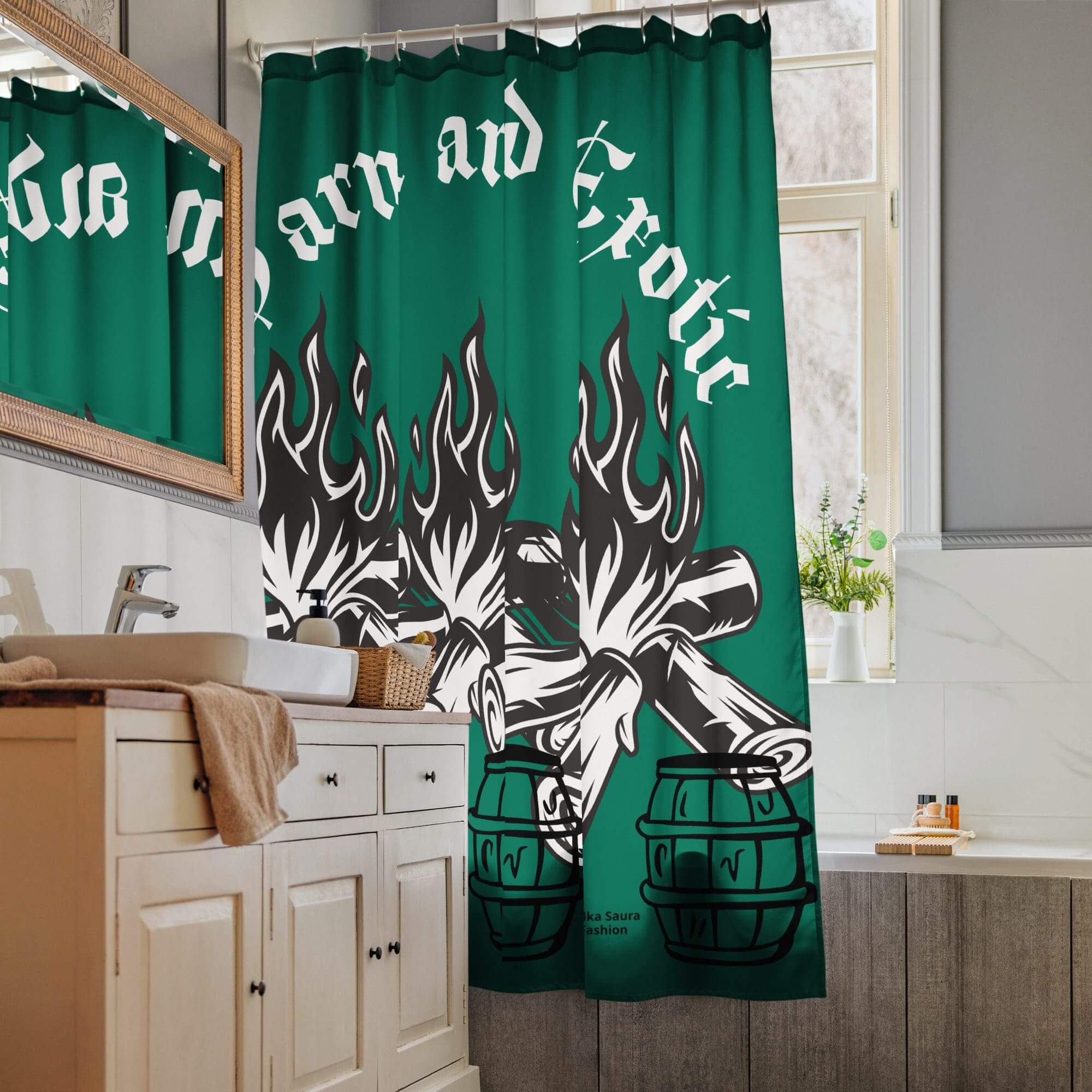 Green shower curtain with fire and barrel design.