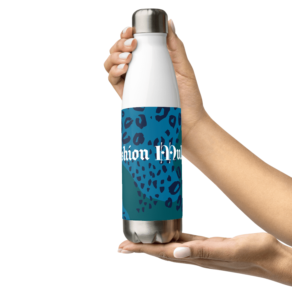 Hand holding teal leopard-print water bottle