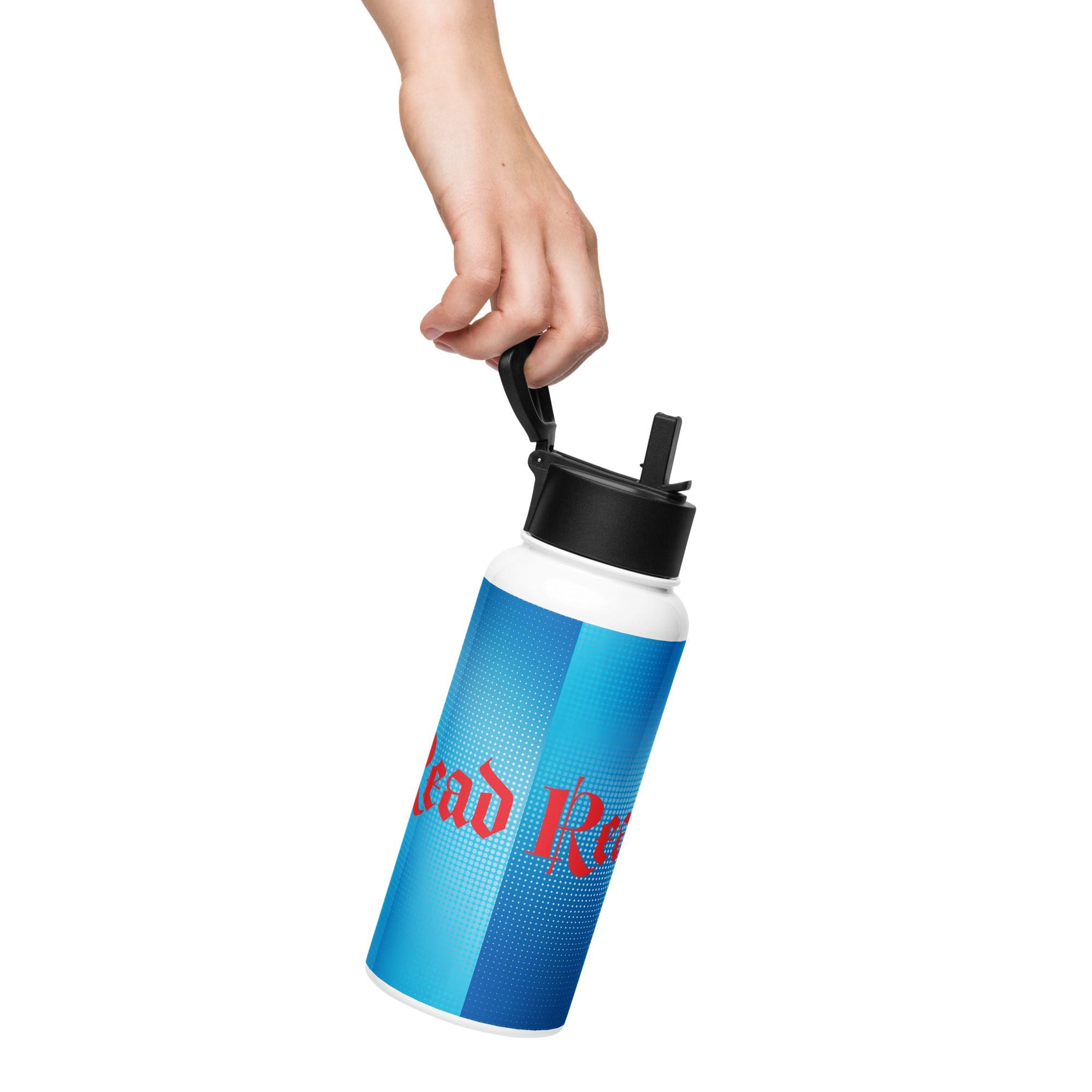 Hand holding a blue water bottle upright.