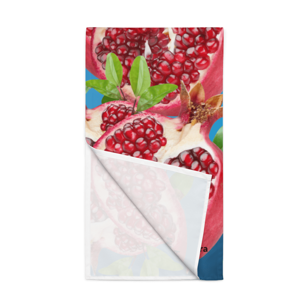 Pomegranate-themed towel with vibrant red design.