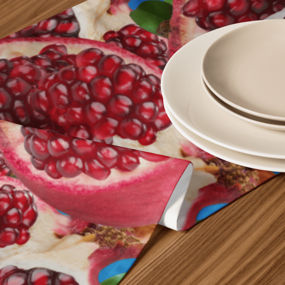Pomegranate-themed table runner with stacked plates.