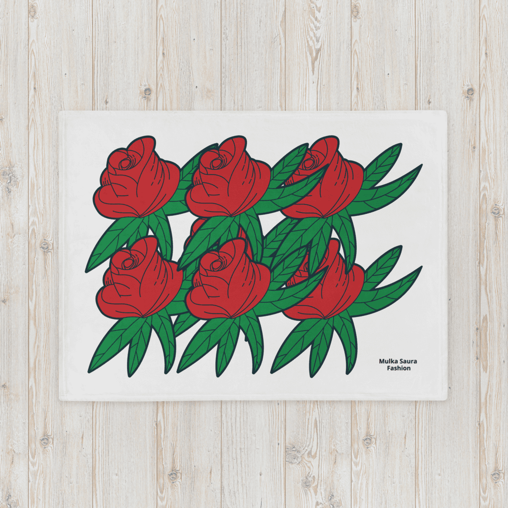 Red roses pattern on white wooden background.