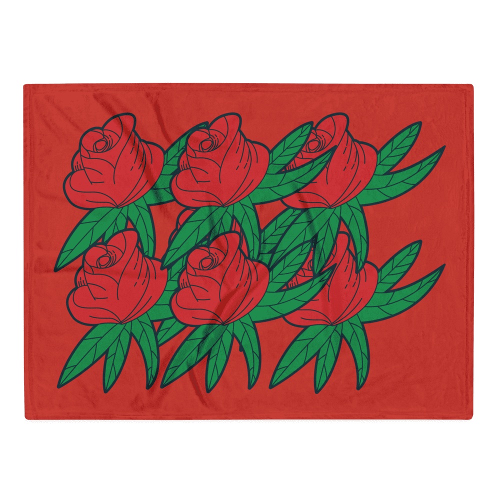 Red floral blanket with stylized roses