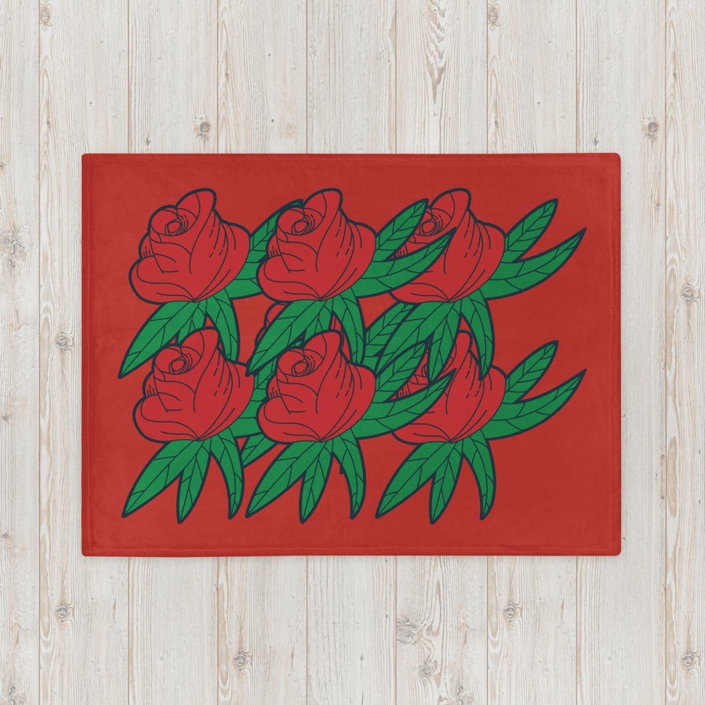 Red roses with green leaves on red background.