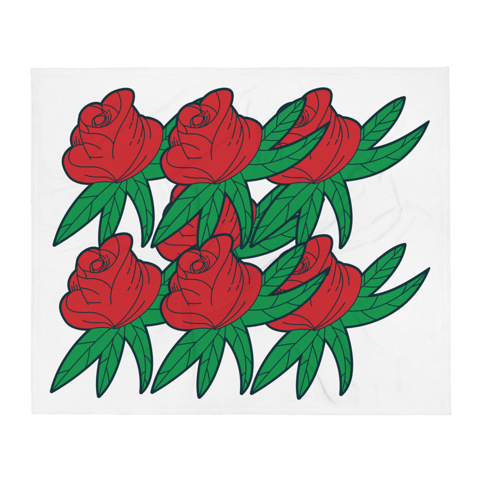 Red roses with green leaves on white.