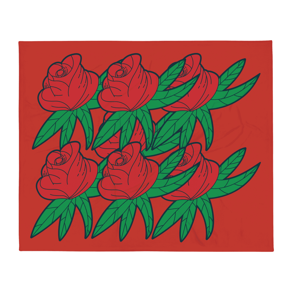 Six stylized red roses with green leaves