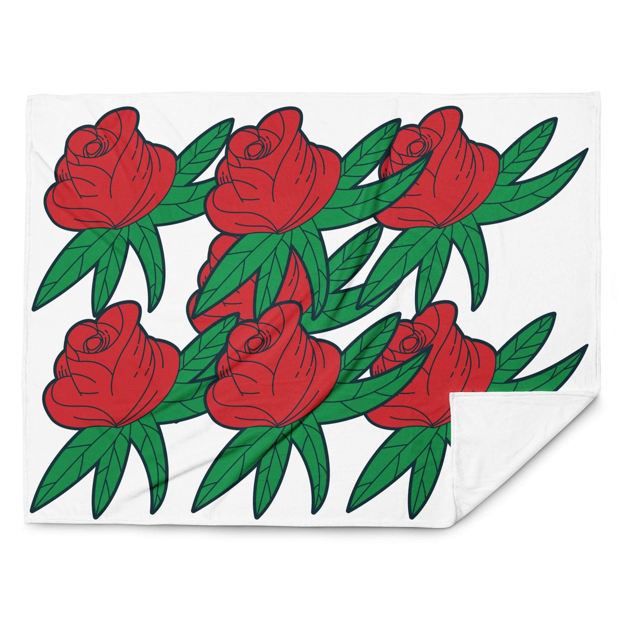 Stylized red roses with green leaves