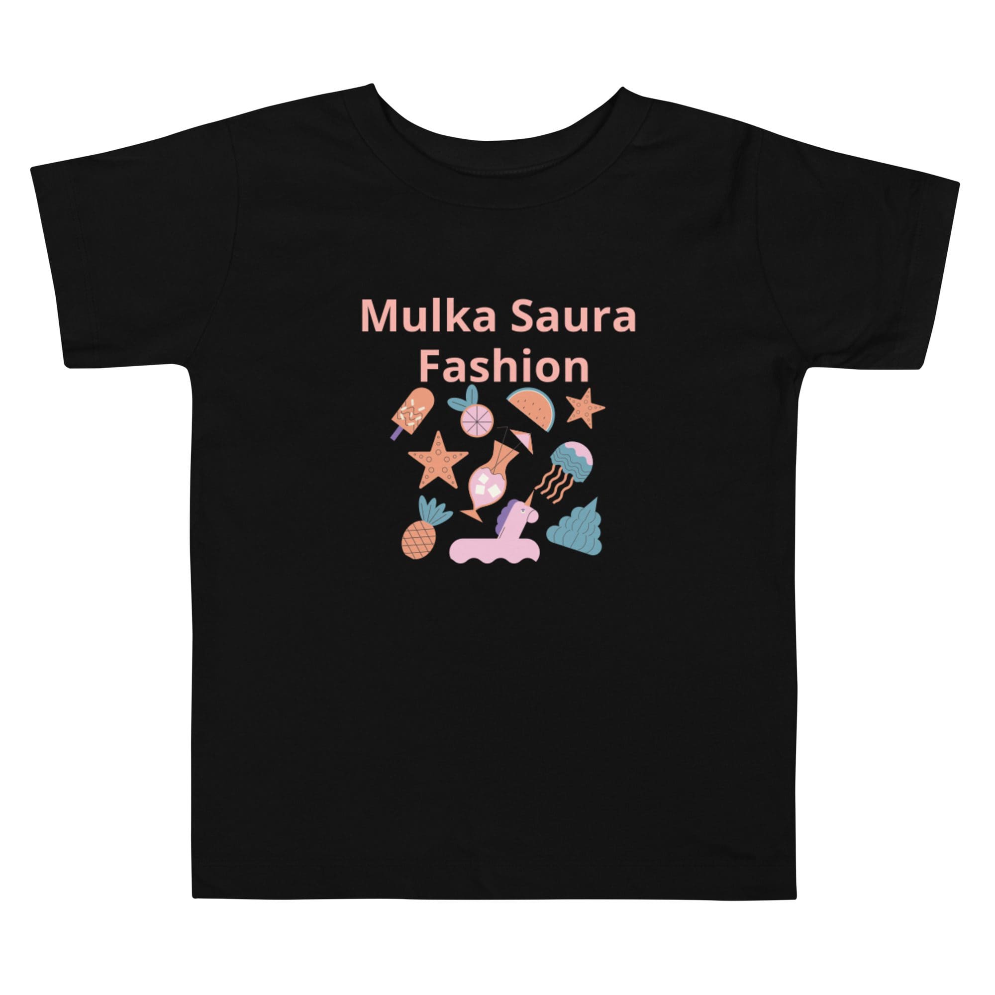 Black T-shirt with colorful fashion graphics.