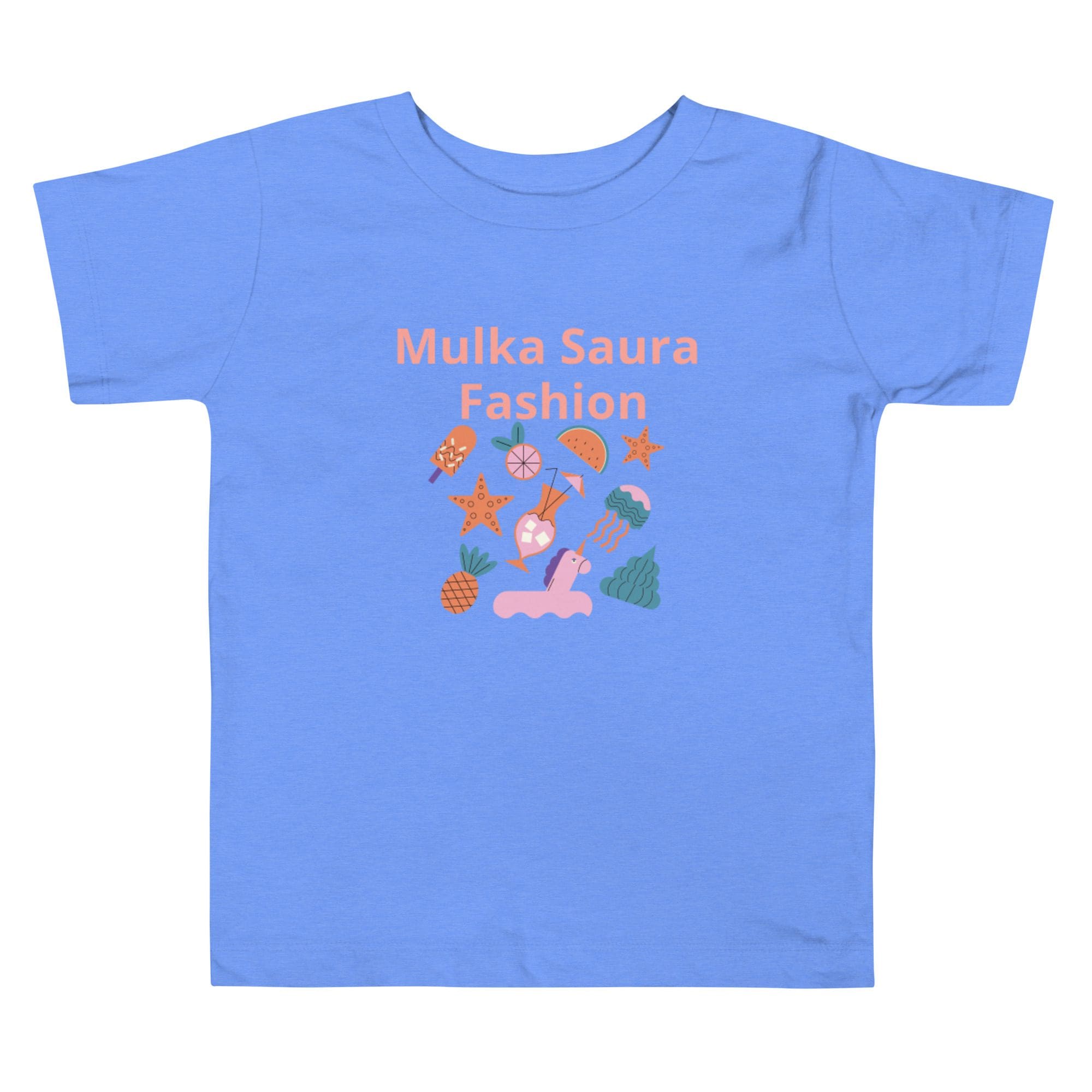 Blue children's shirt with playful designs.