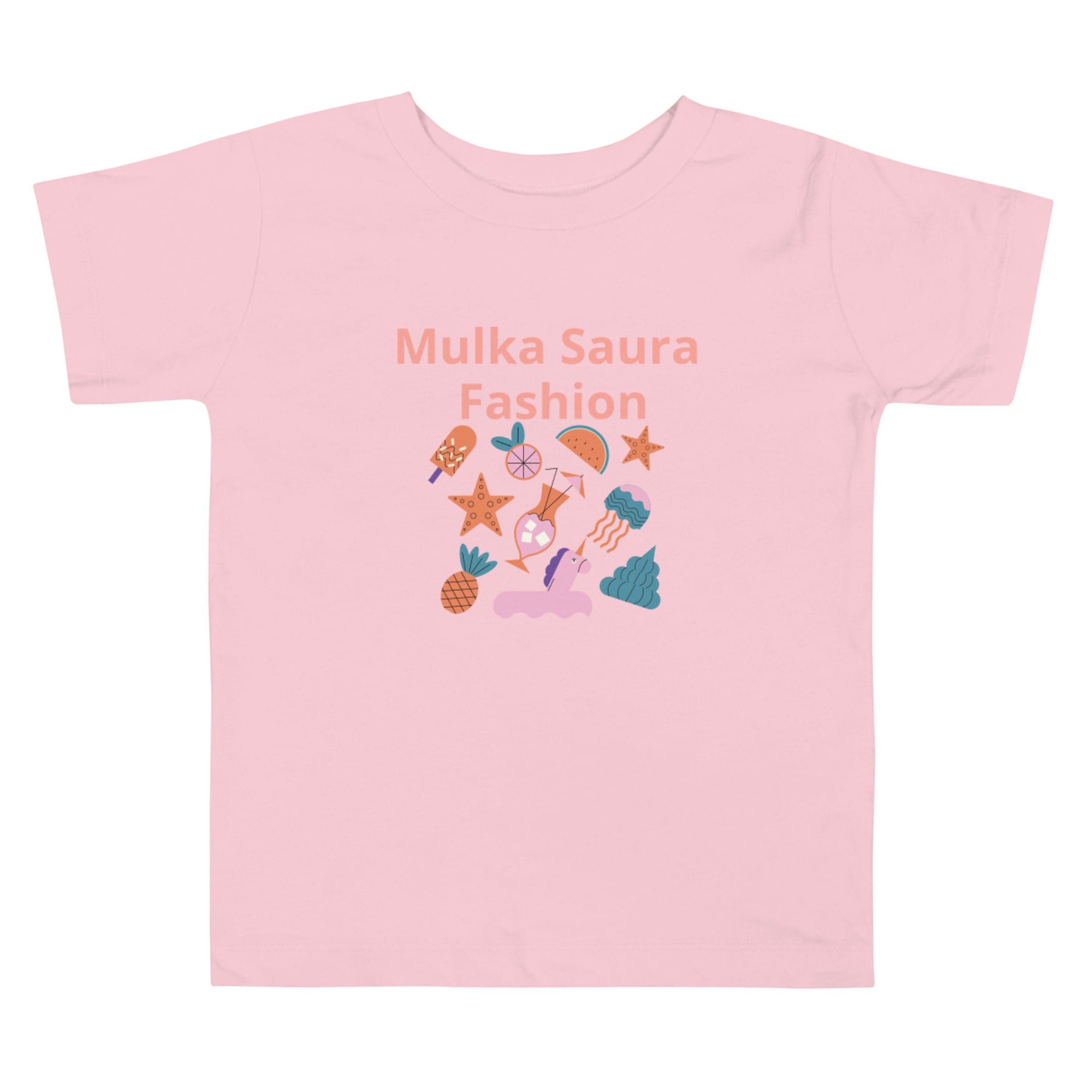 Pink t-shirt with playful graphic design.