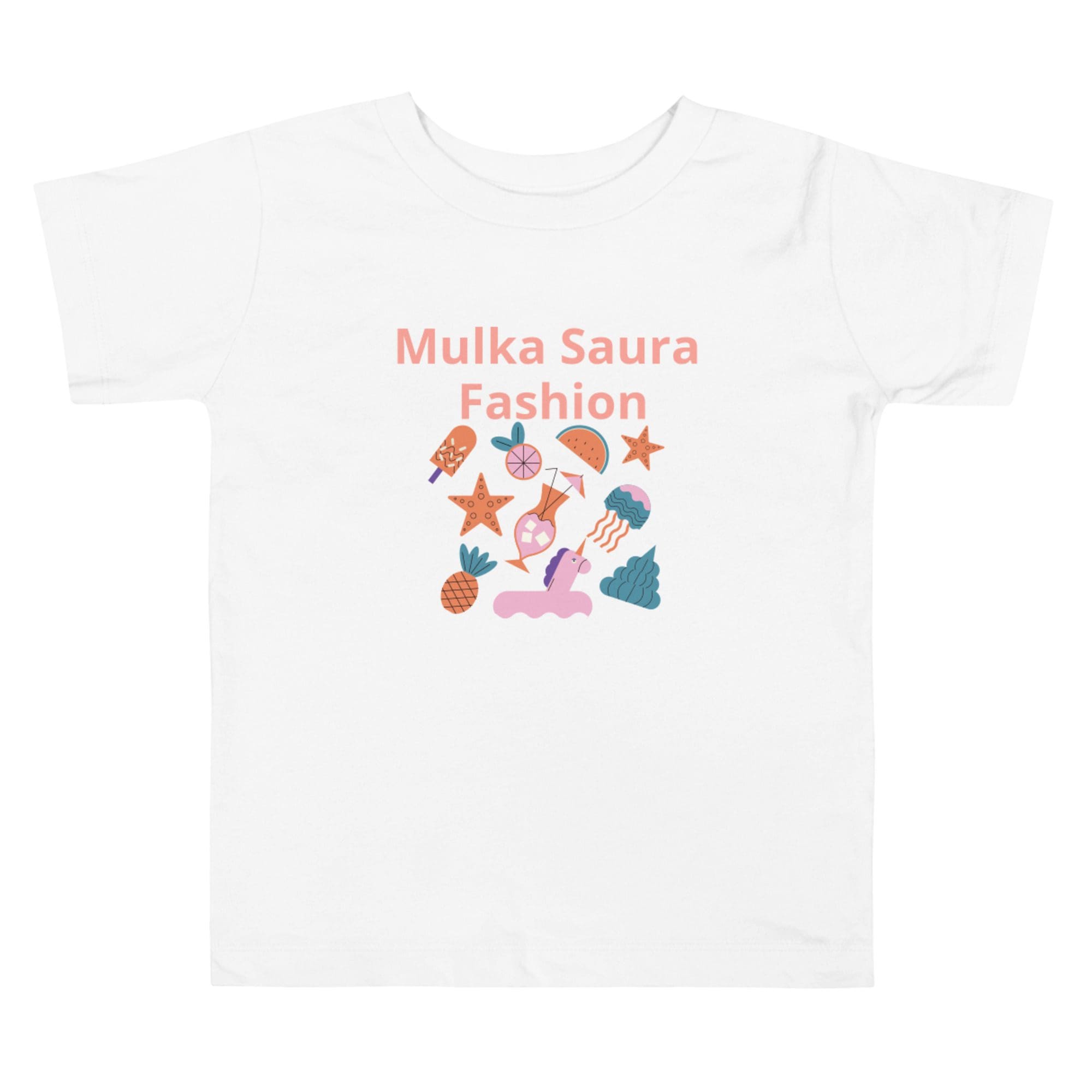 White t-shirt with summer-themed graphics.