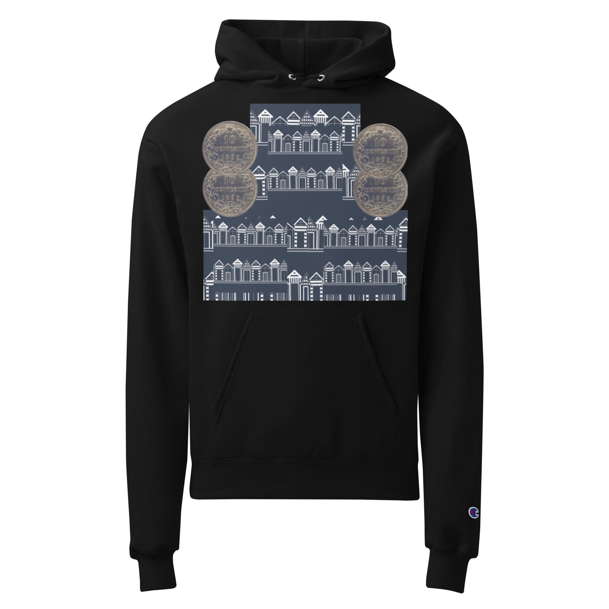 Black hoodie with geometric and circular design.
