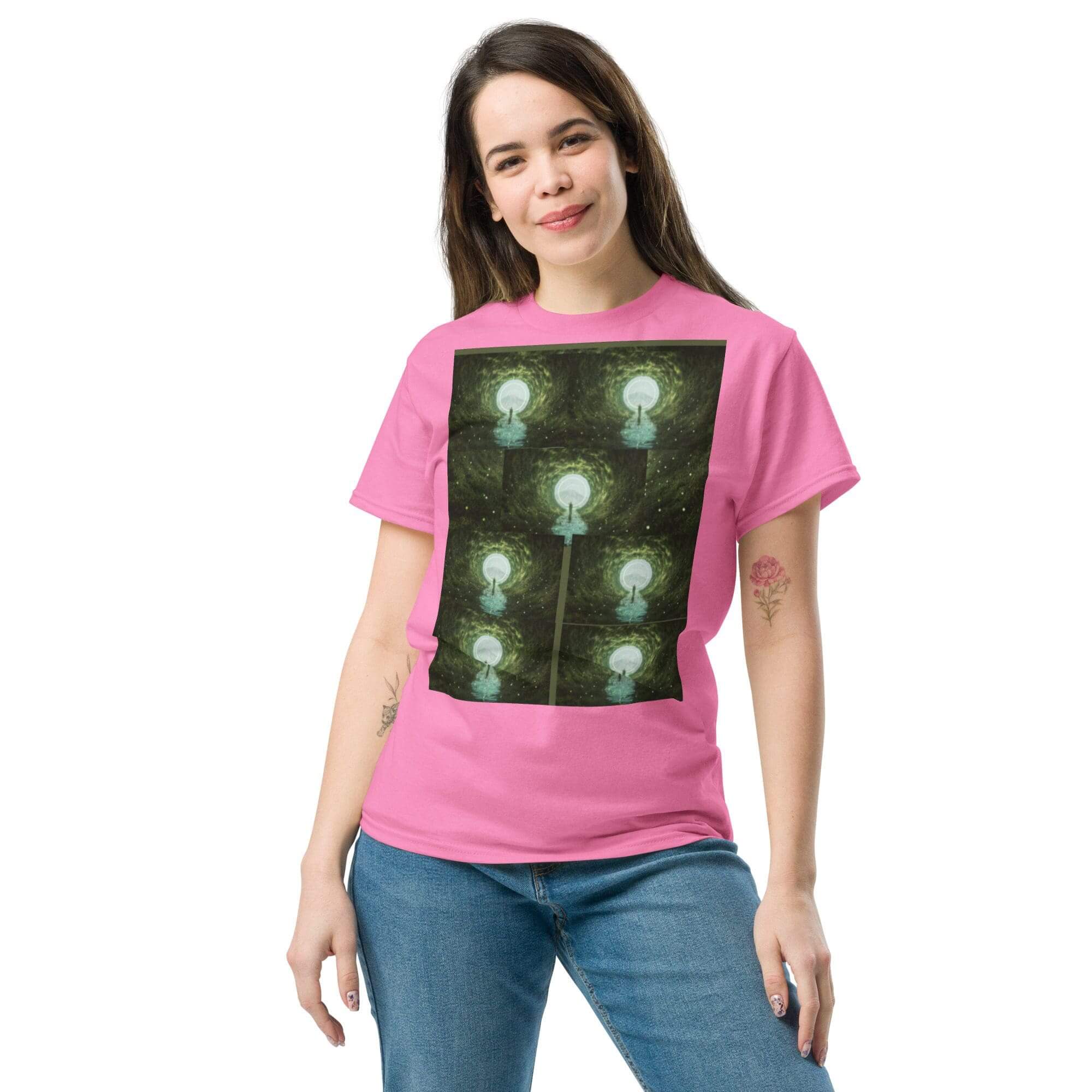 Woman wearing pink shirt with light design.