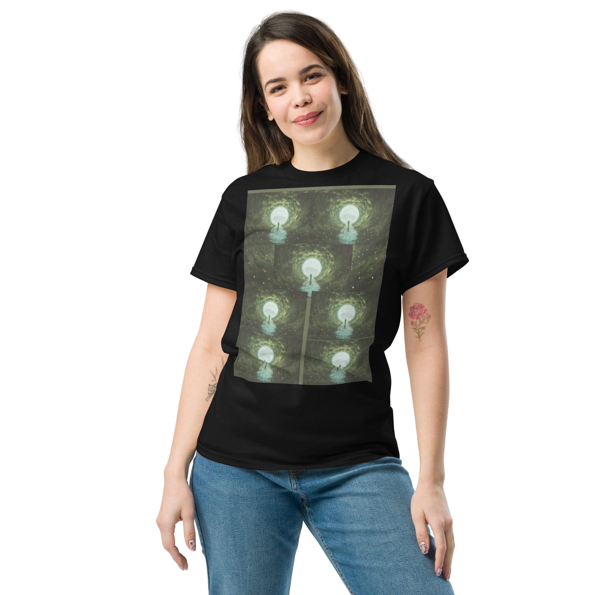 Smiling woman wearing tee with filament bulbs