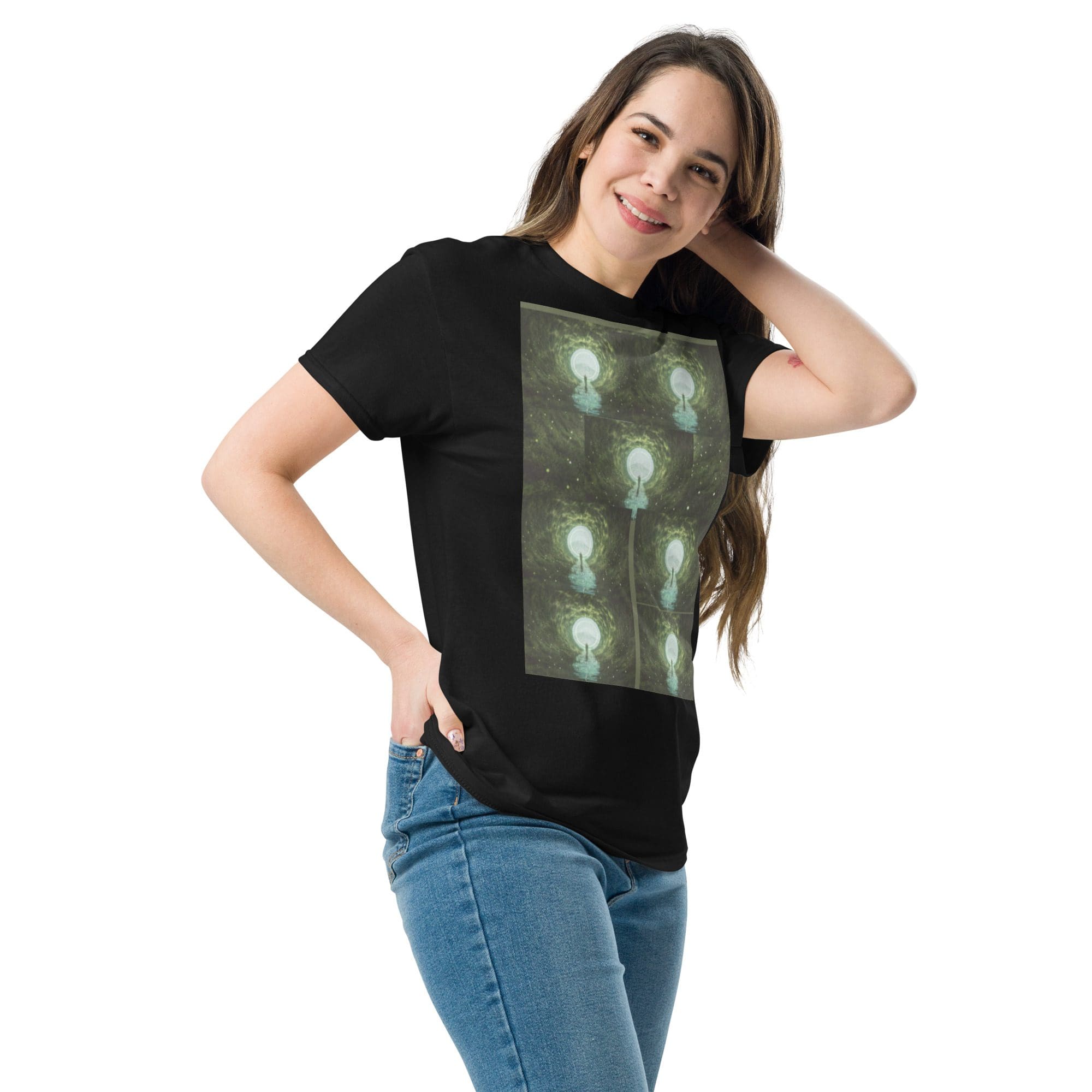 Woman wearing a graphic t-shirt, smiling.