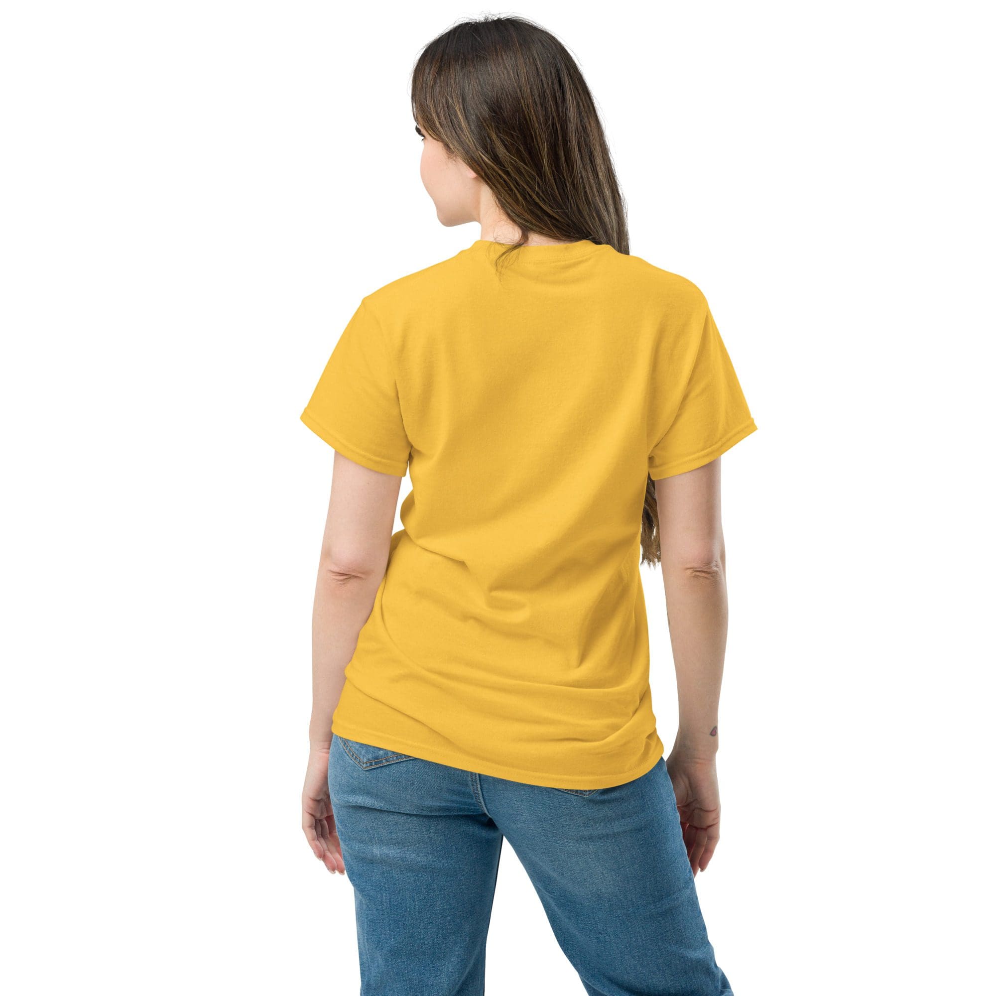 Woman in yellow shirt, back view.