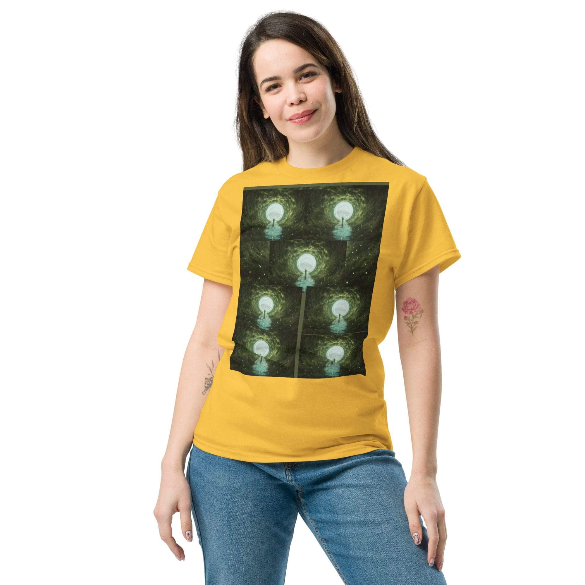 Woman in yellow t-shirt with lamp design.