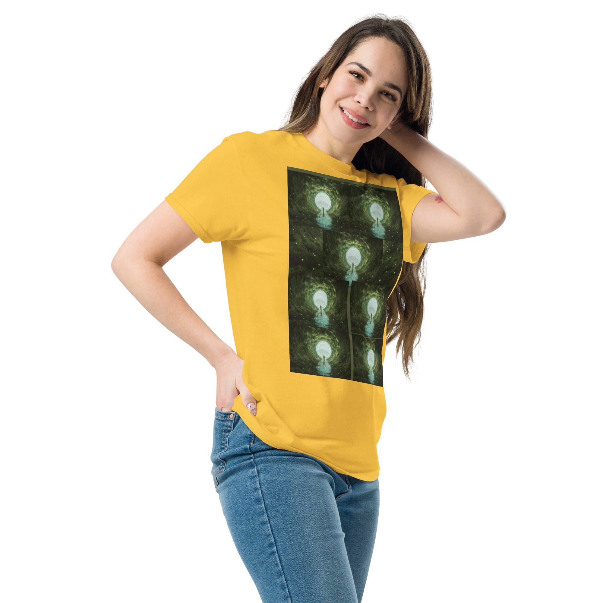 Smiling woman in yellow graphic t-shirt.