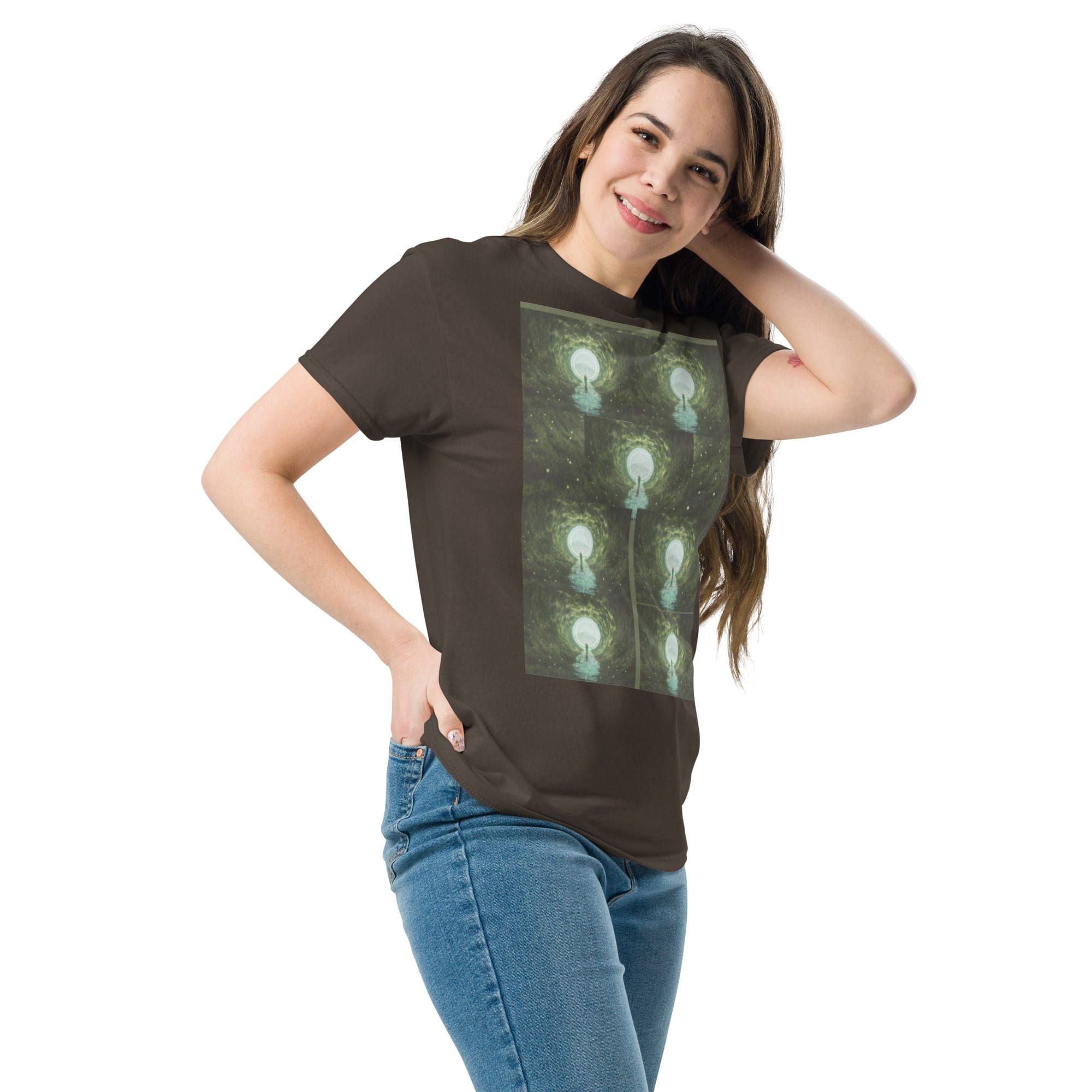 Woman wearing a printed black T-shirt.
