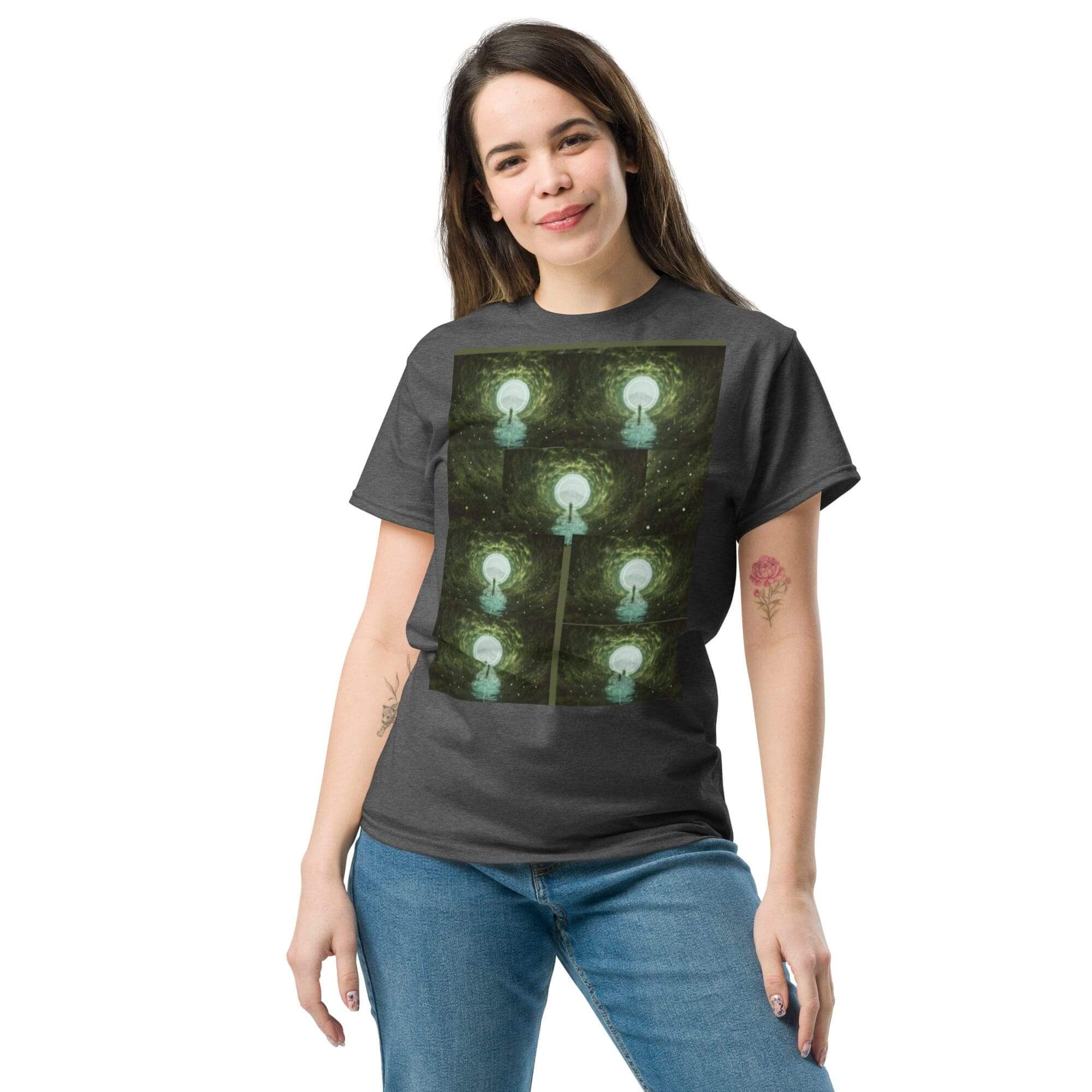 Smiling woman wearing lightbulb graphic tee