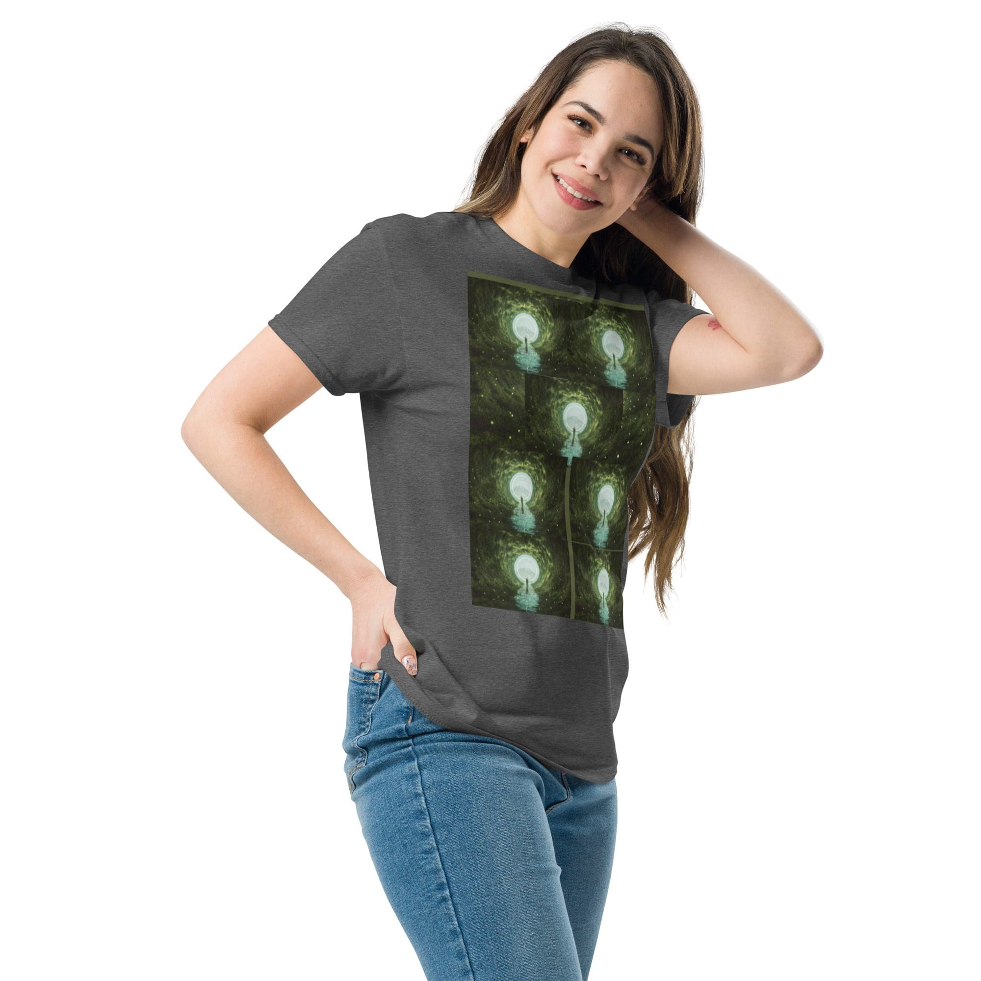 Woman wearing a t-shirt with lightbulb design.