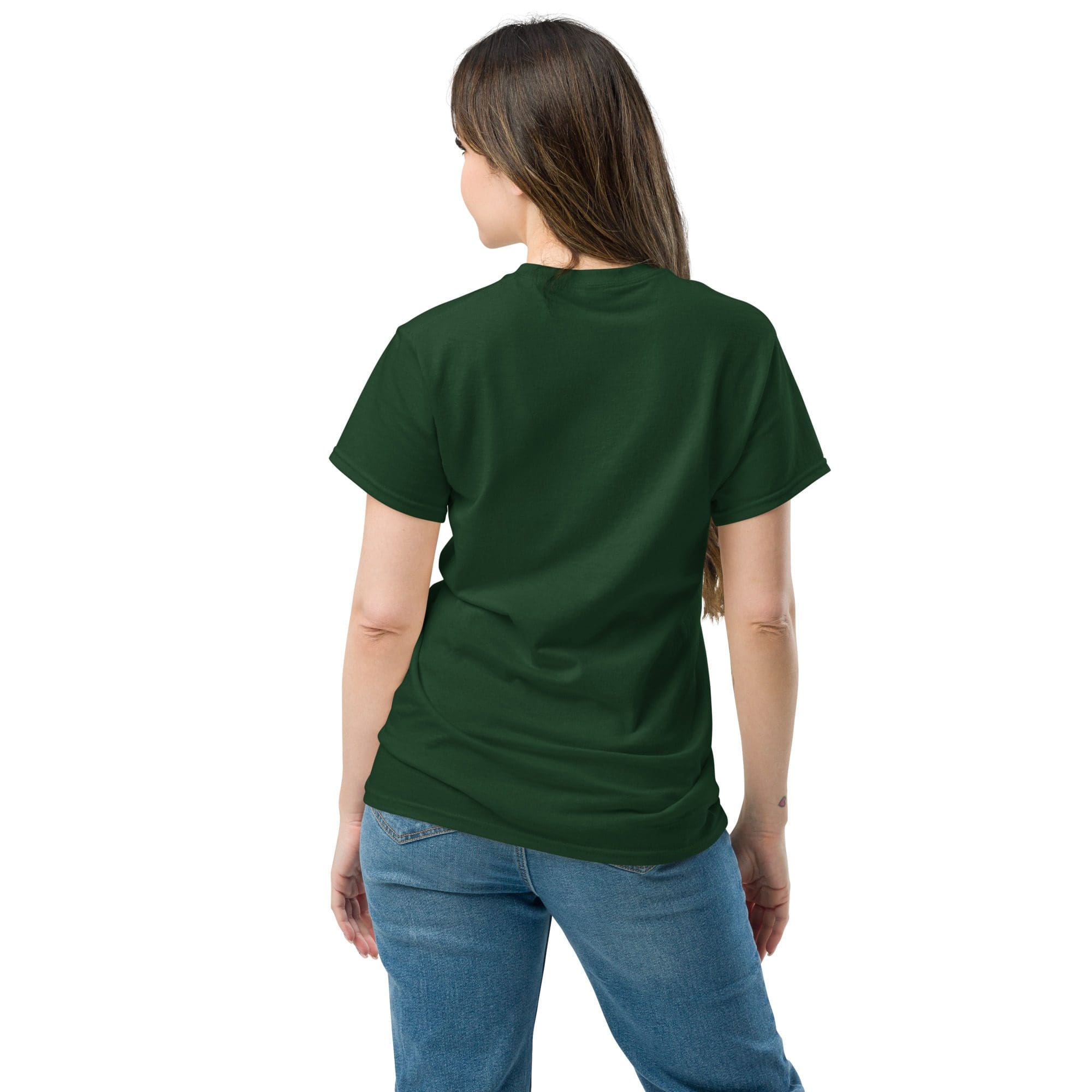 Woman in green shirt and jeans, back view.
