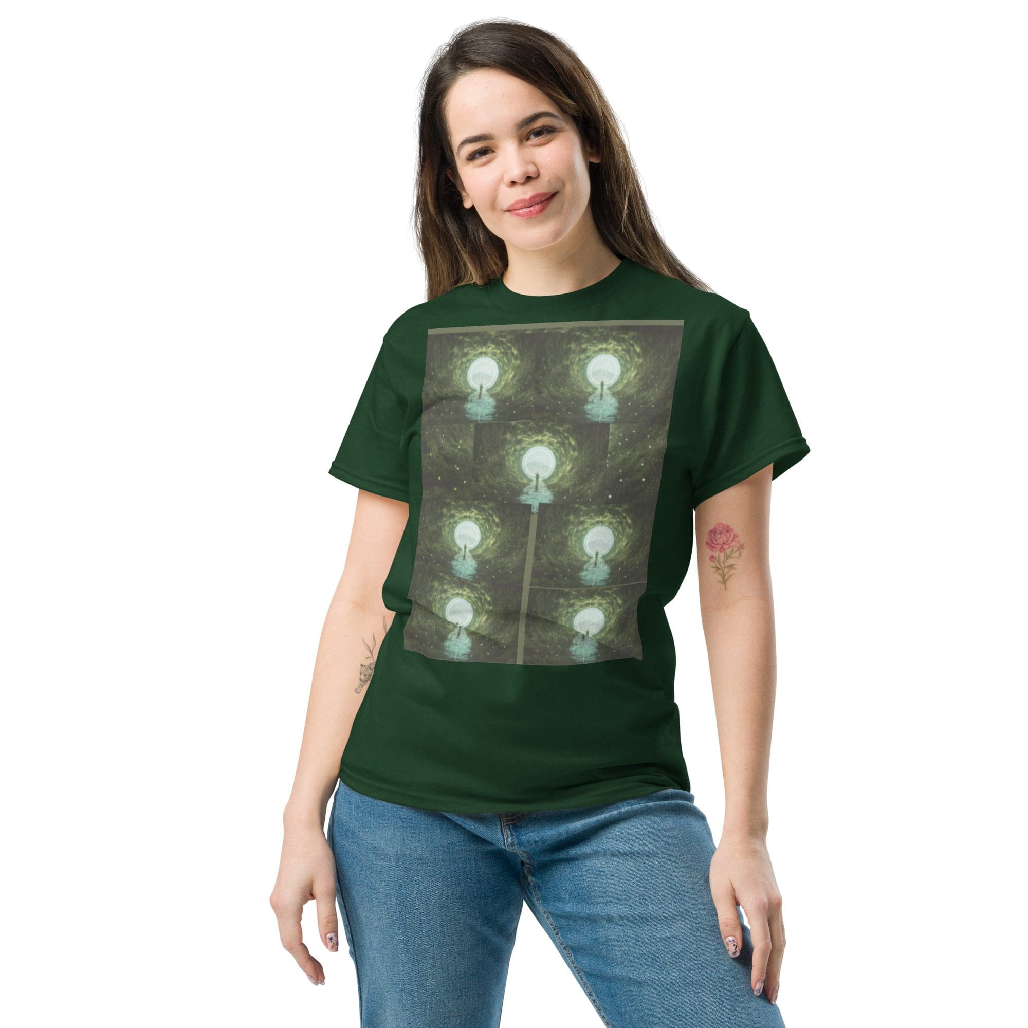 Smiling person wearing a patterned green shirt.