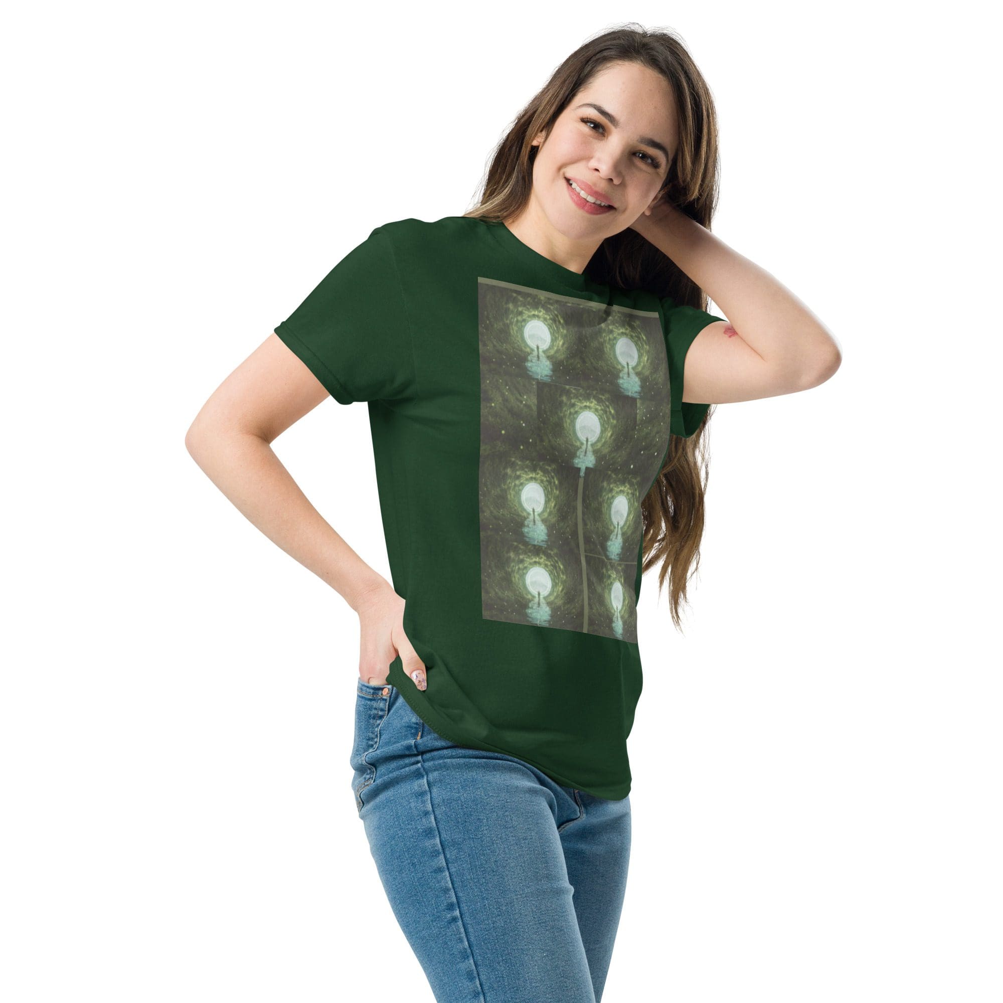 Woman wearing green graphic t-shirt, smiling.