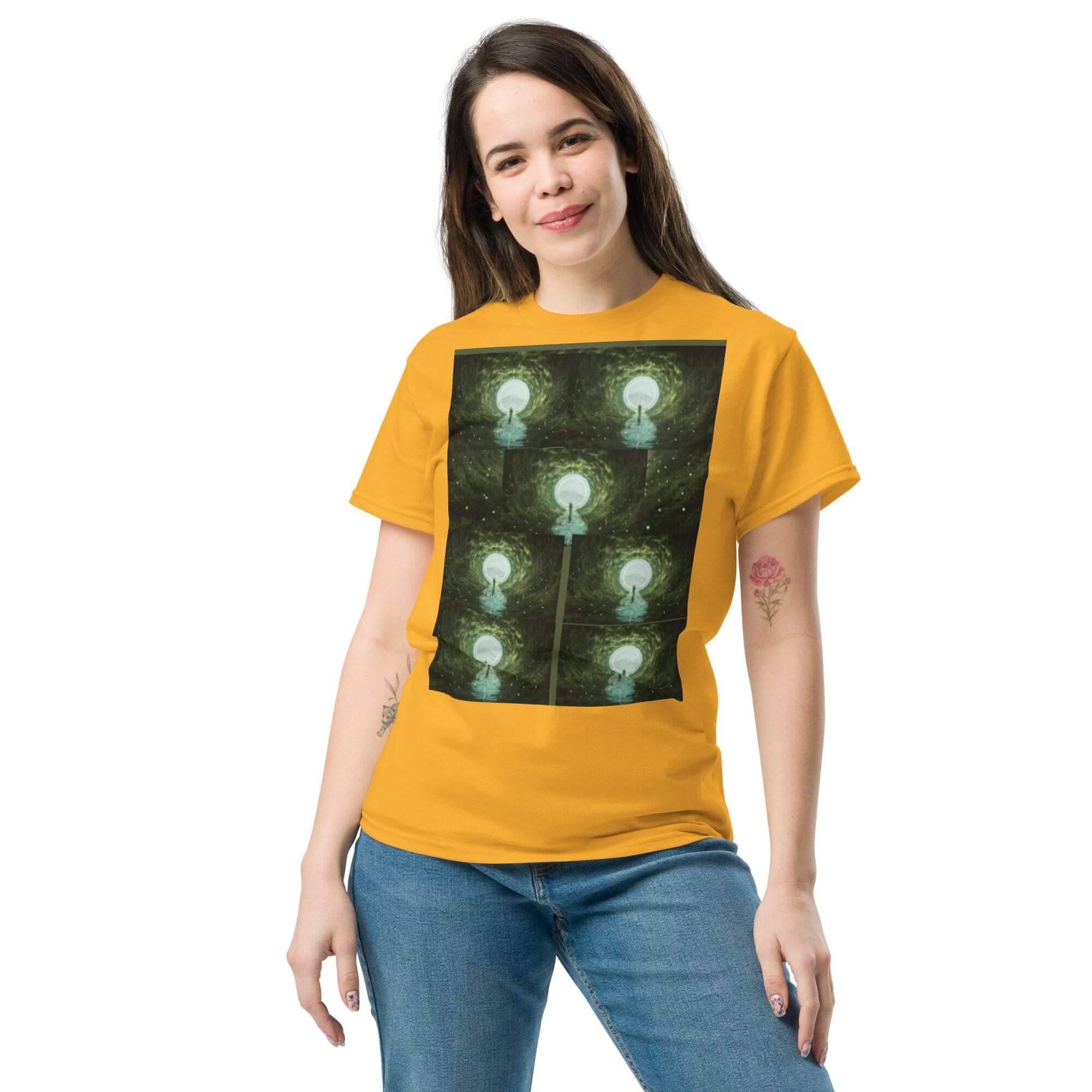 Woman wearing a yellow t-shirt, illustrated design.