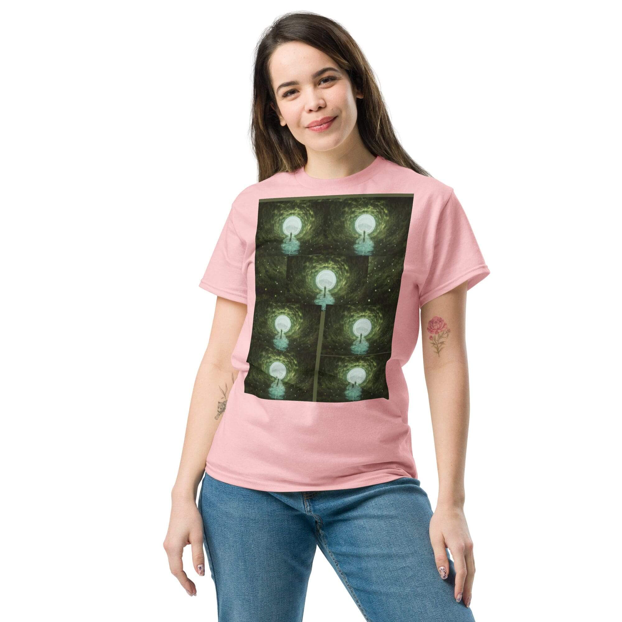Woman wearing pink t-shirt with streetlights design.