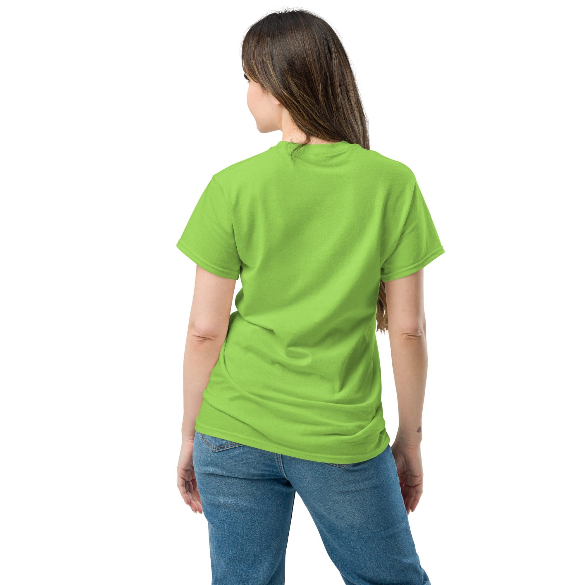 Woman wearing green shirt and blue jeans.
