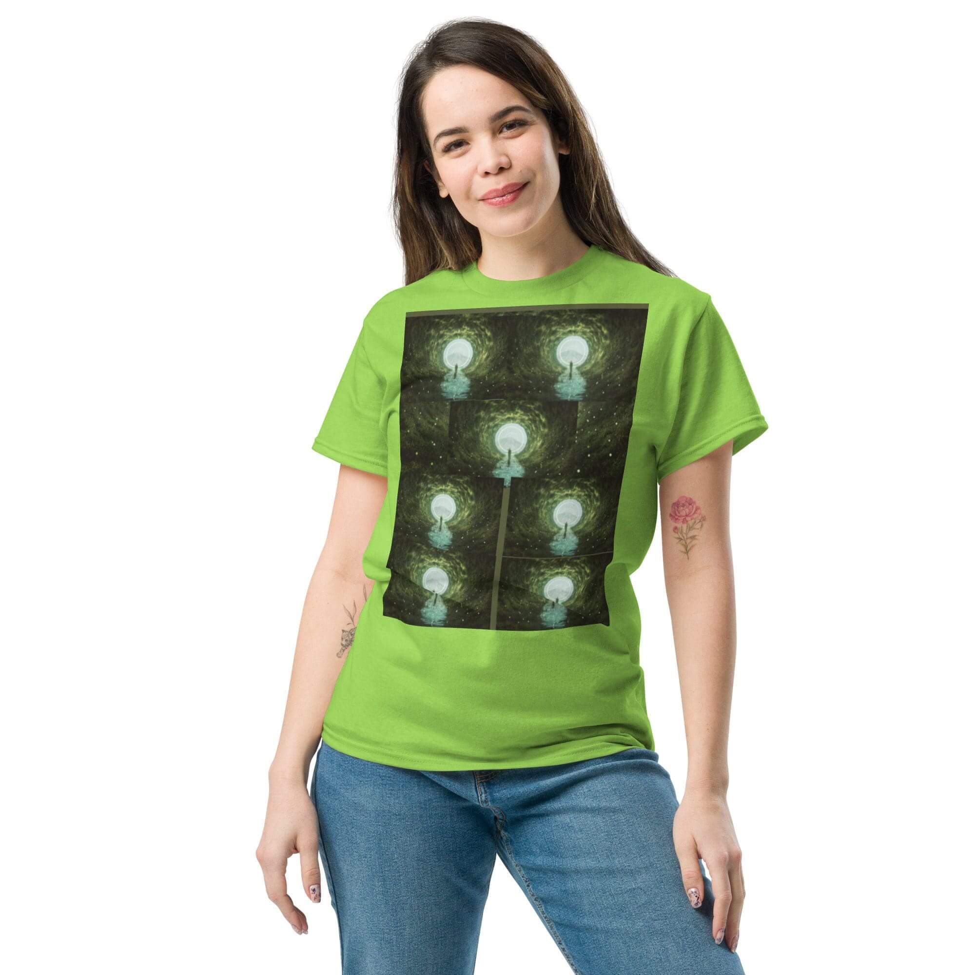 Person wearing green shirt with lamp print.