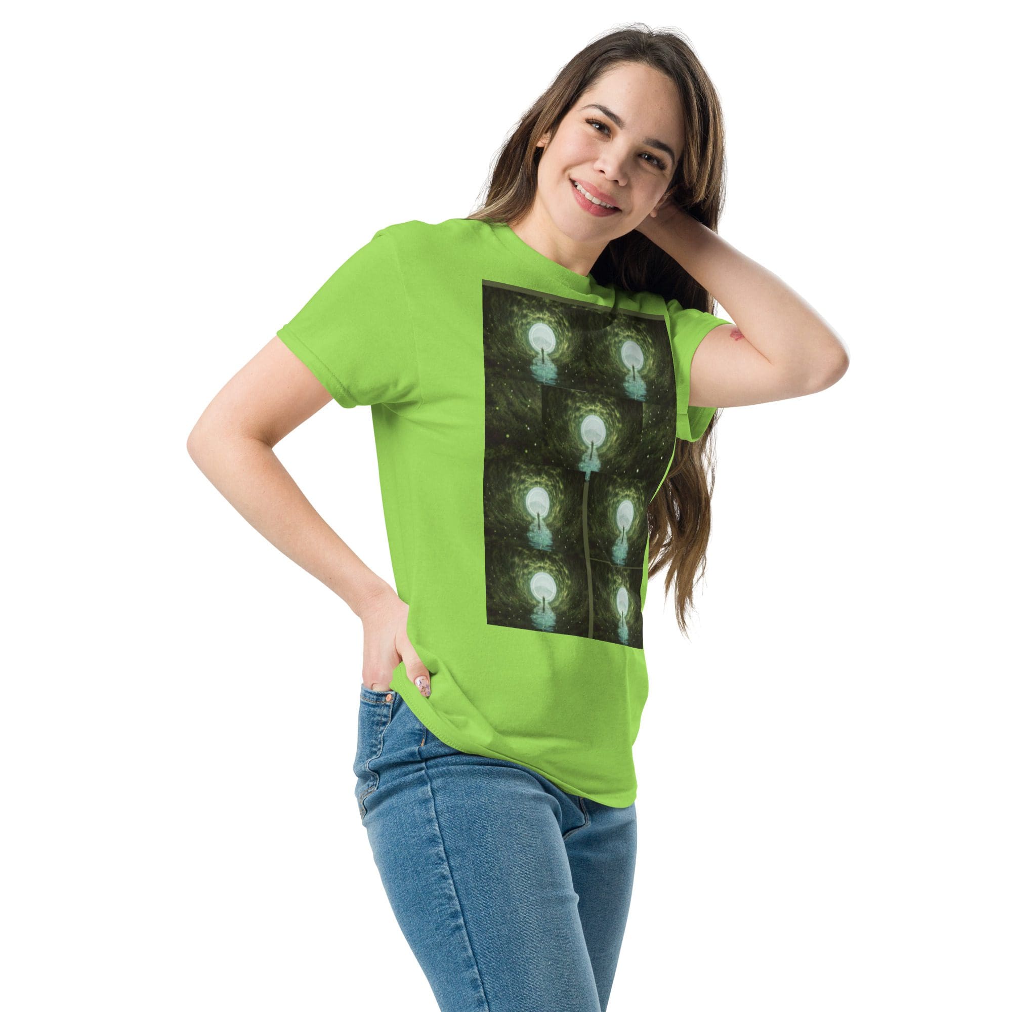Smiling woman in green graphic t-shirt.