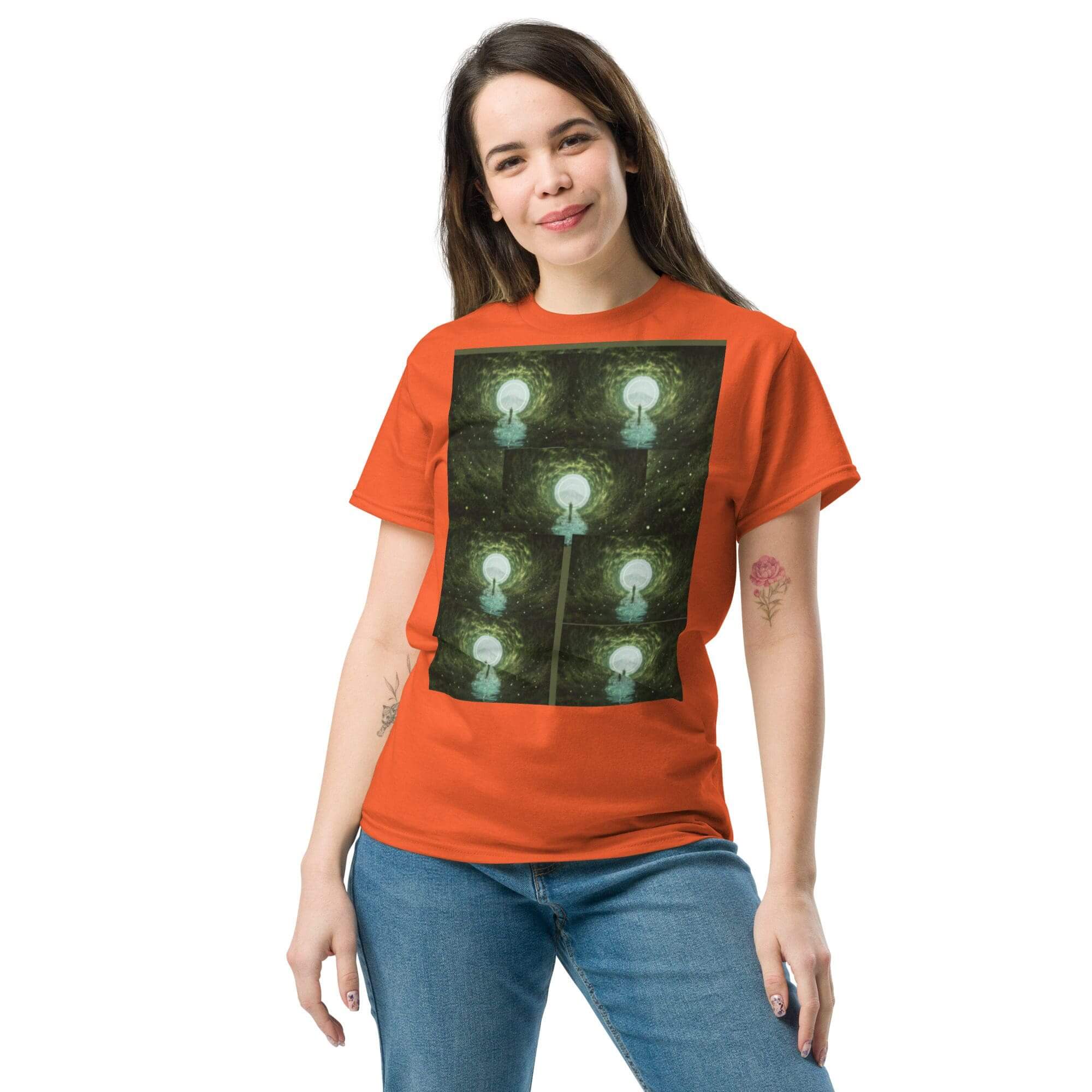 Woman wearing orange T-shirt with lamp design.