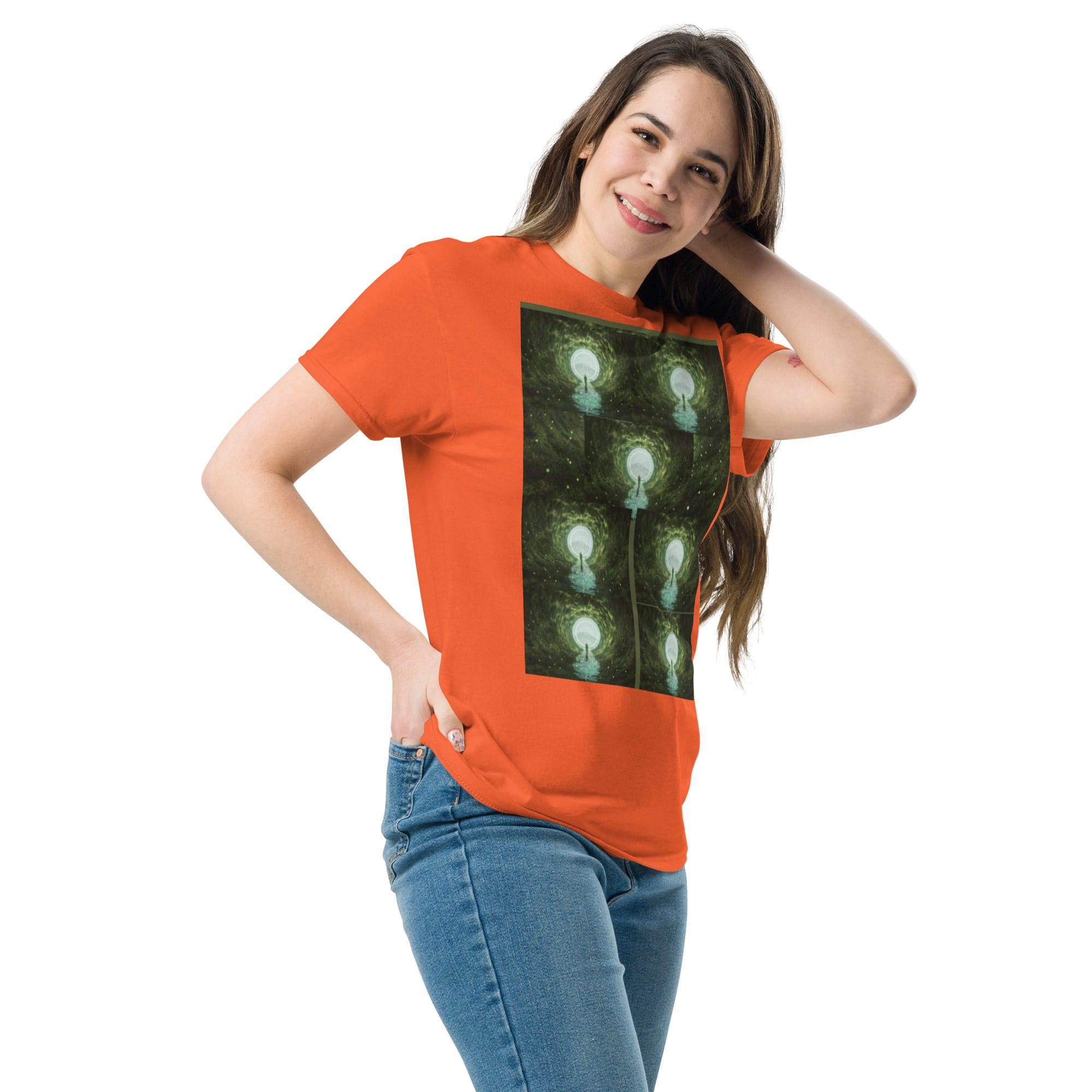 Woman wearing orange t-shirt with lightbulb design.