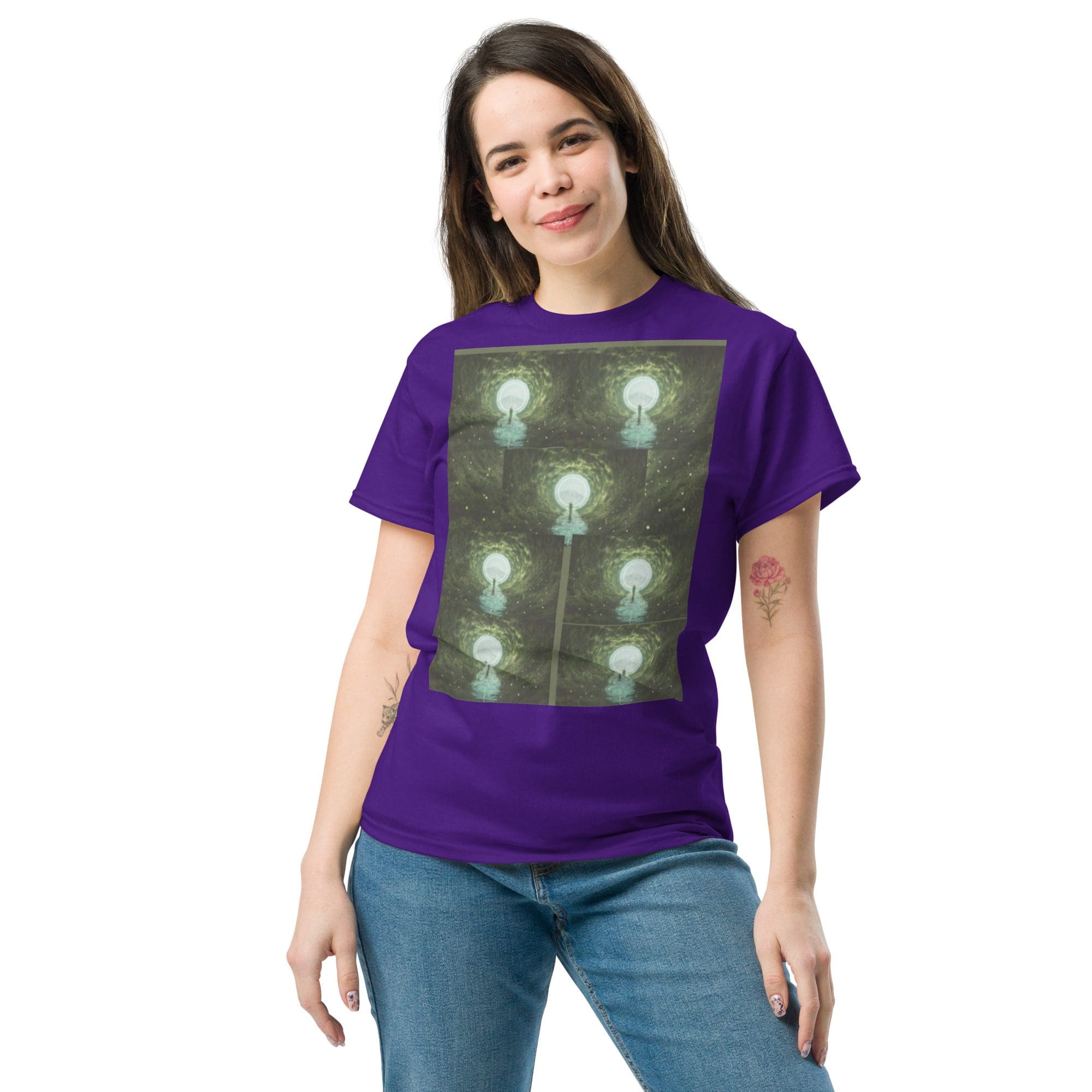Woman wearing purple shirt with luminous design.