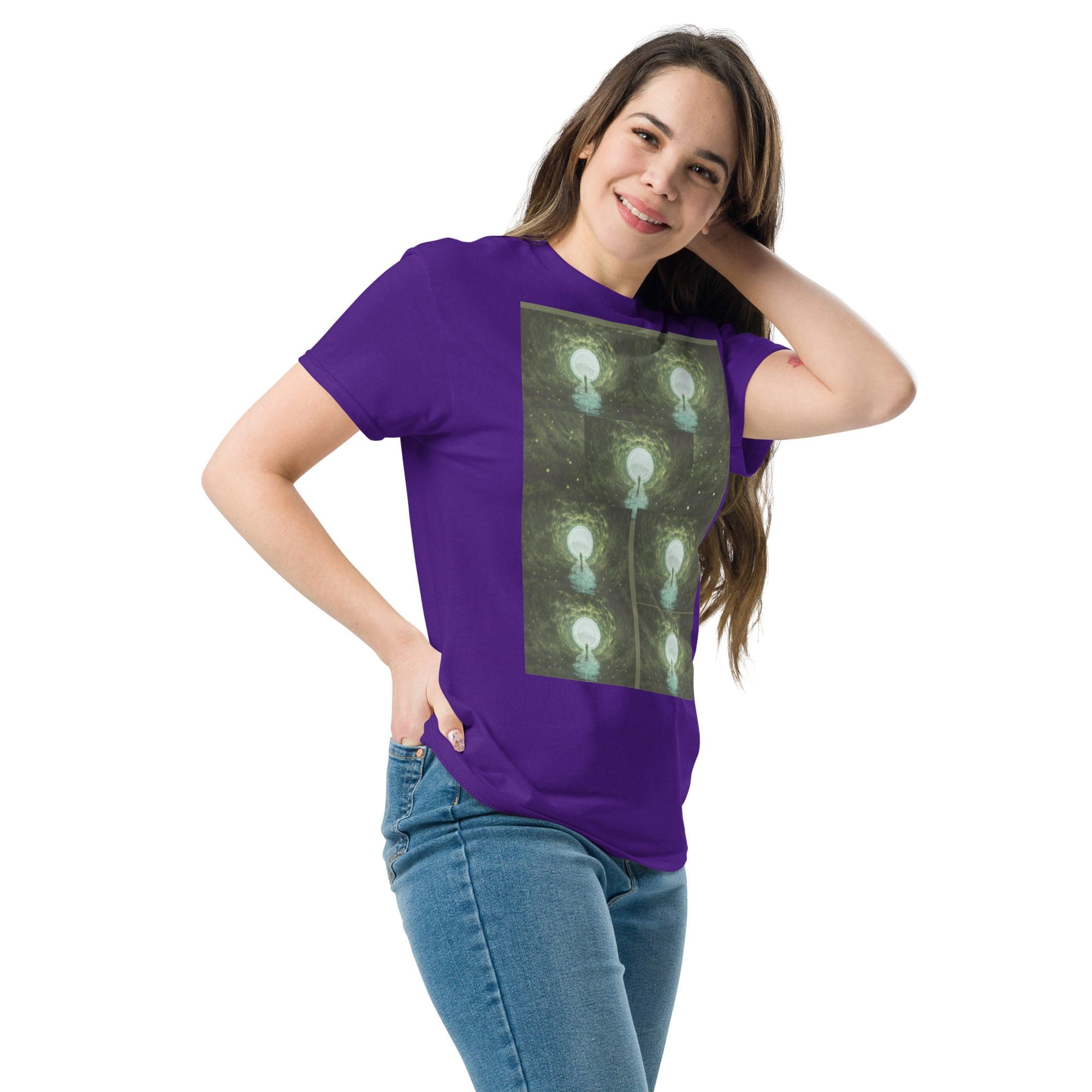 Woman wearing purple shirt with lightbulb design.