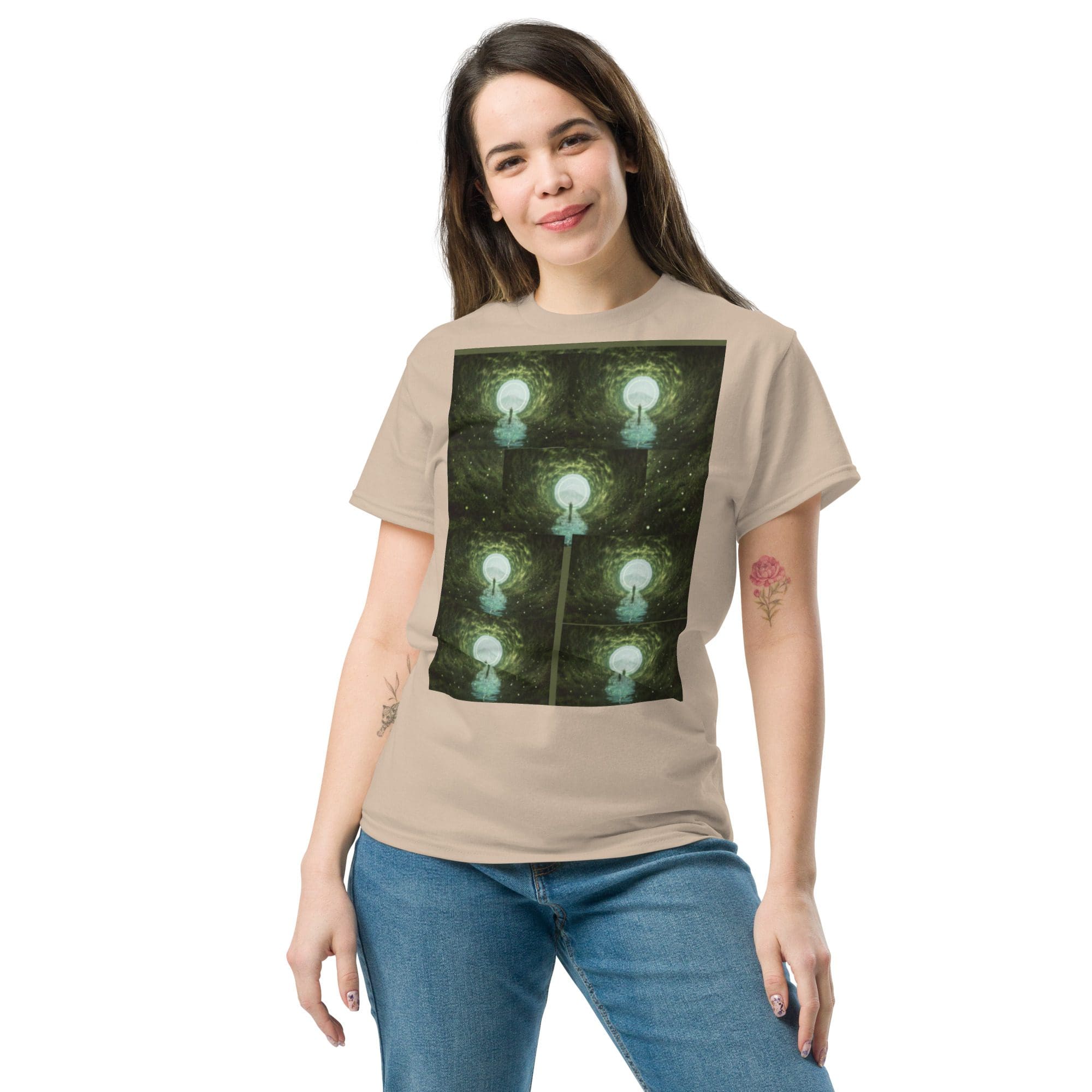 Woman wearing beige t-shirt with glowing bulbs