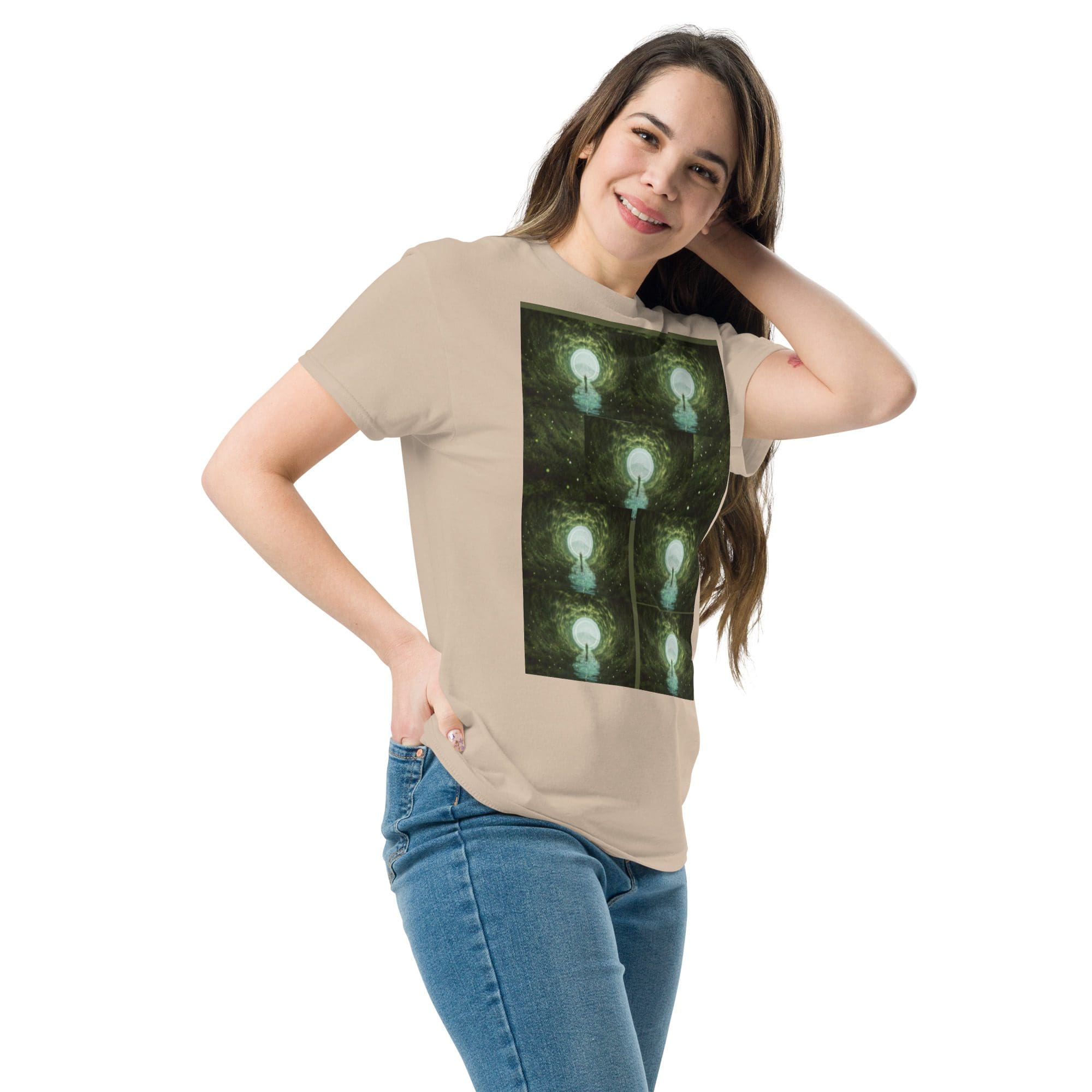 Woman modeling beige tee with glowing lightbulb print