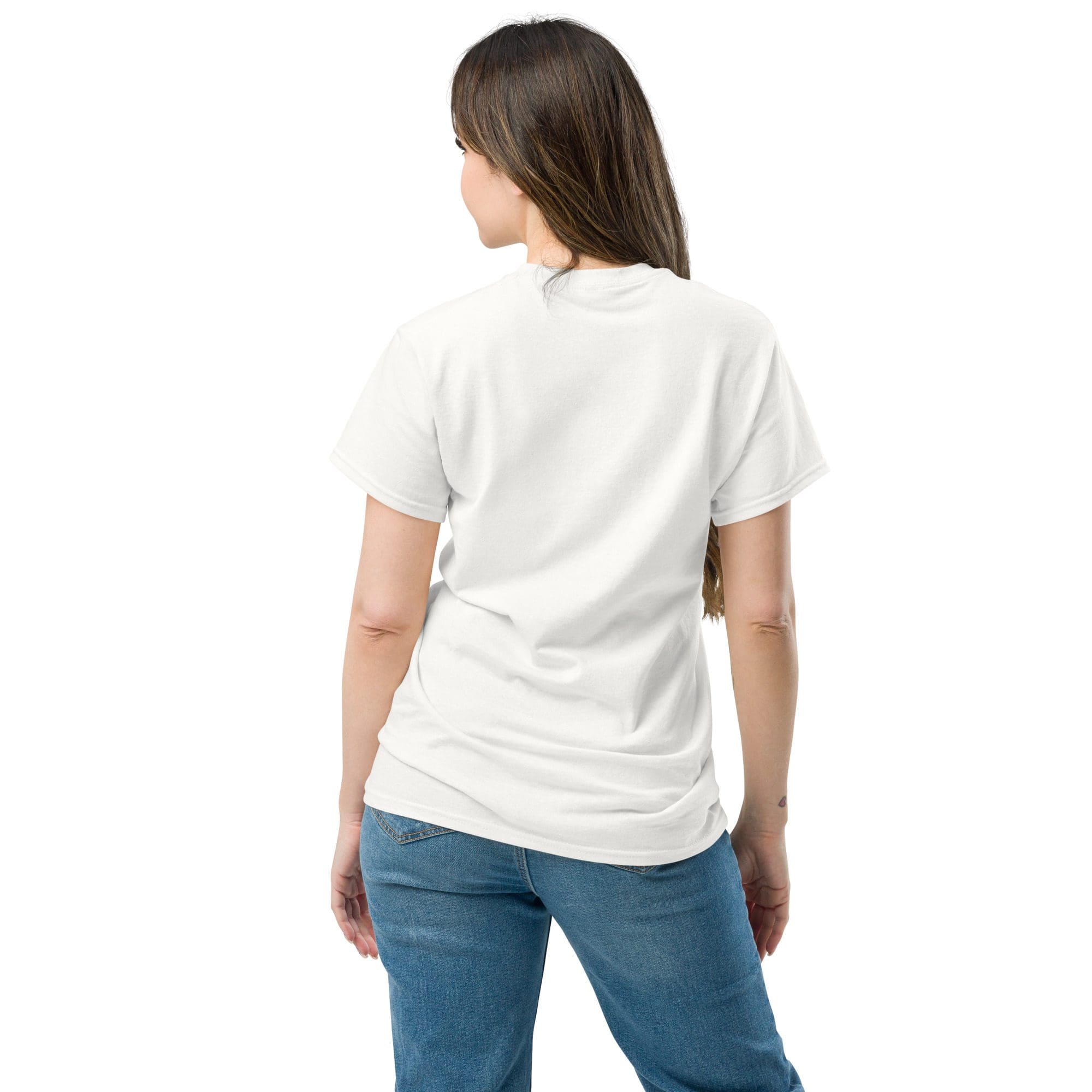 Woman in white t-shirt, blue jeans.
