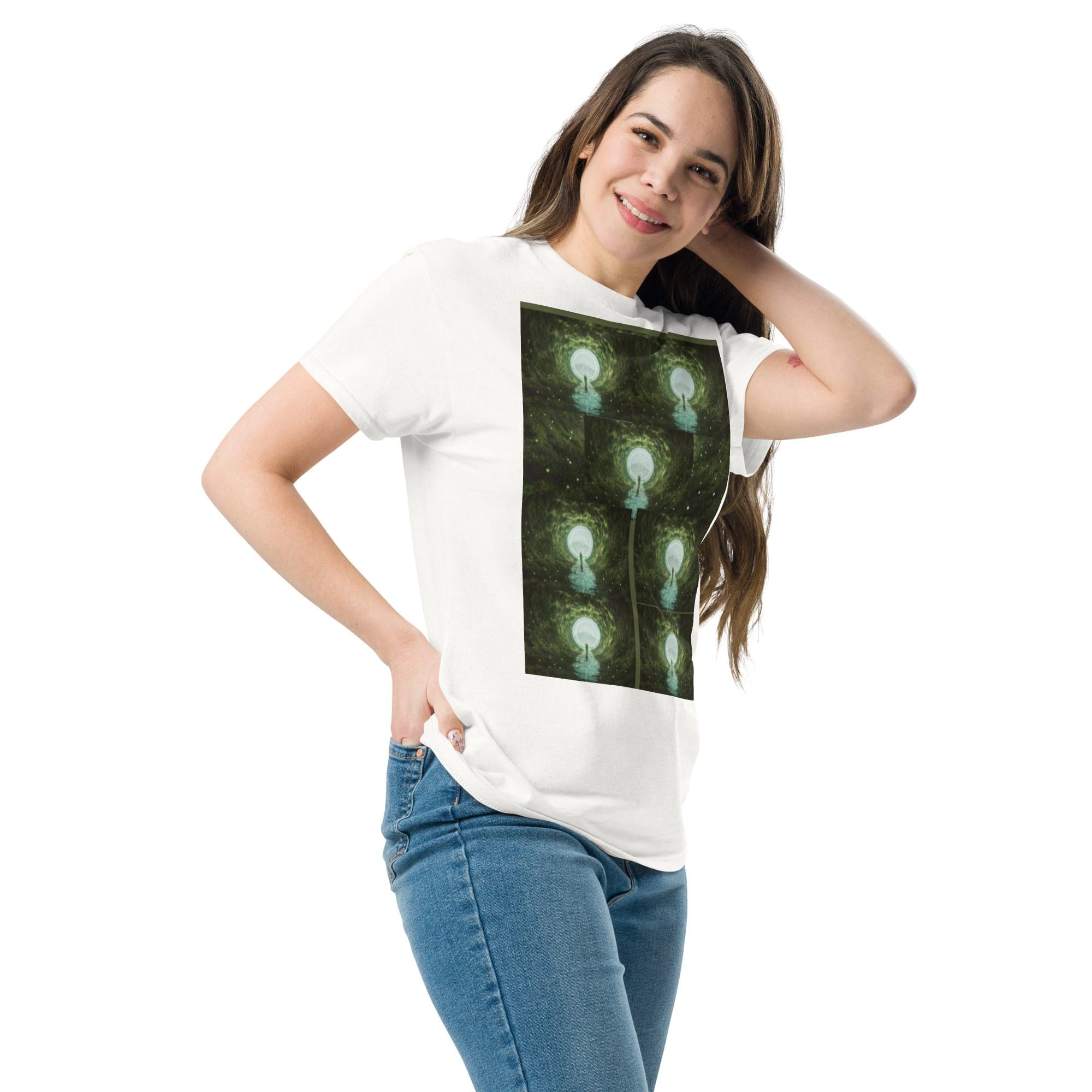 Woman wearing a lightbulb print t-shirt.