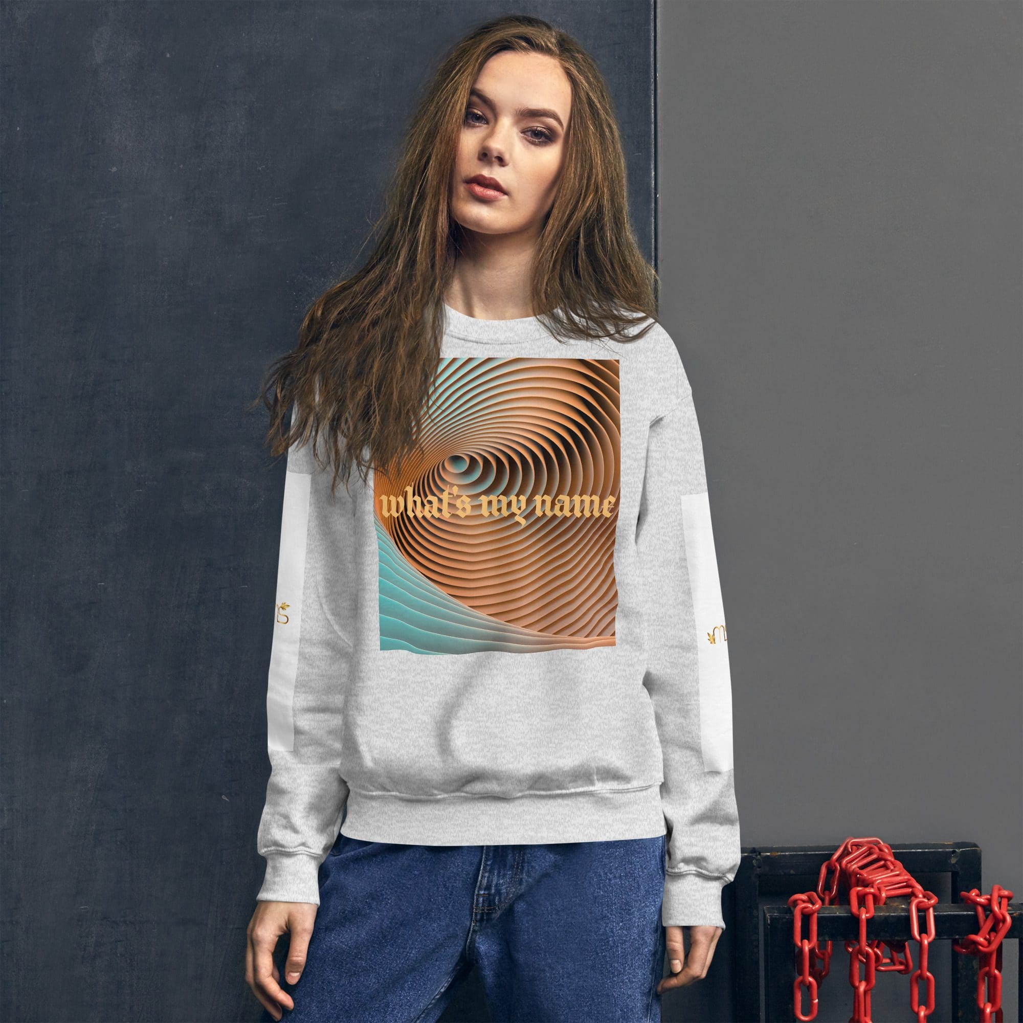 Woman wearing sweater with abstract design.