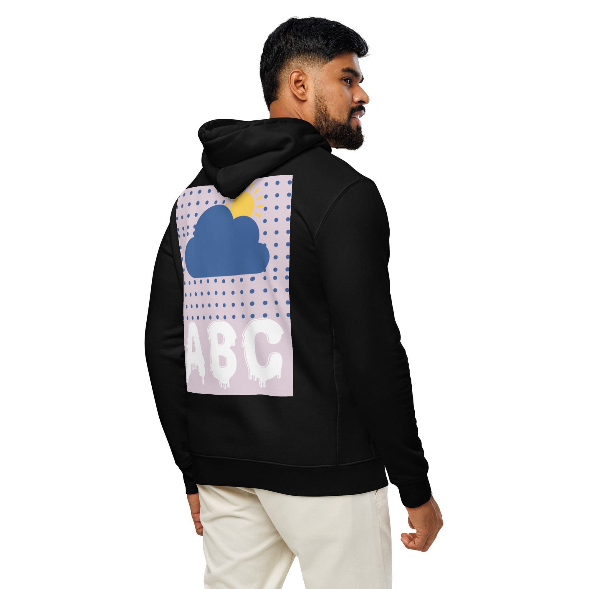 Man in hoodie with cloud graphic design.