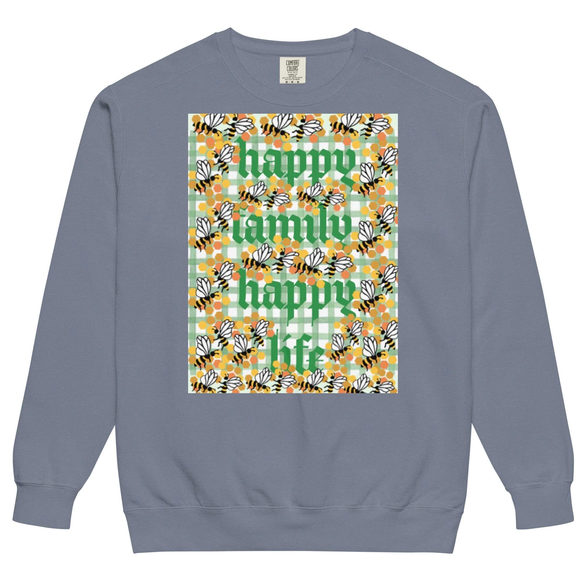 Sweatshirt with floral design and text.