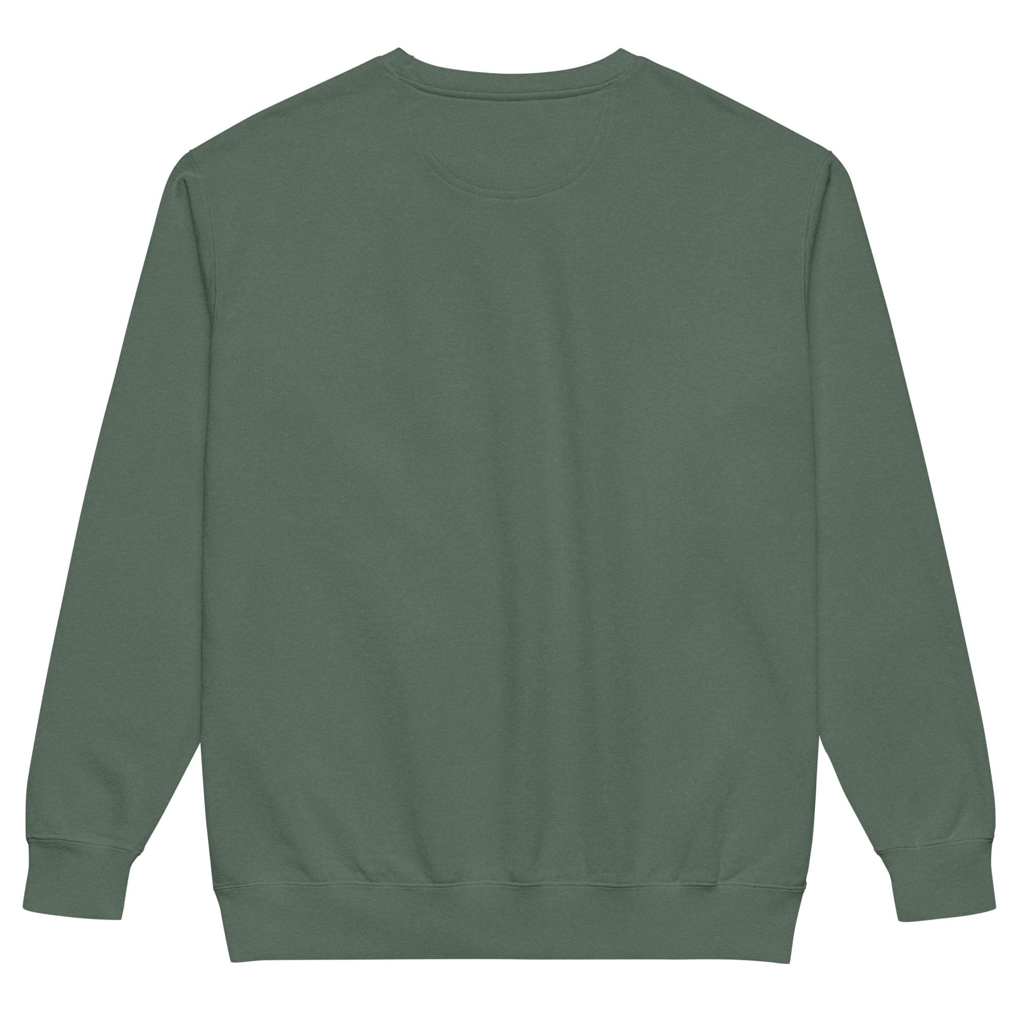 Green crewneck sweatshirt, back view.