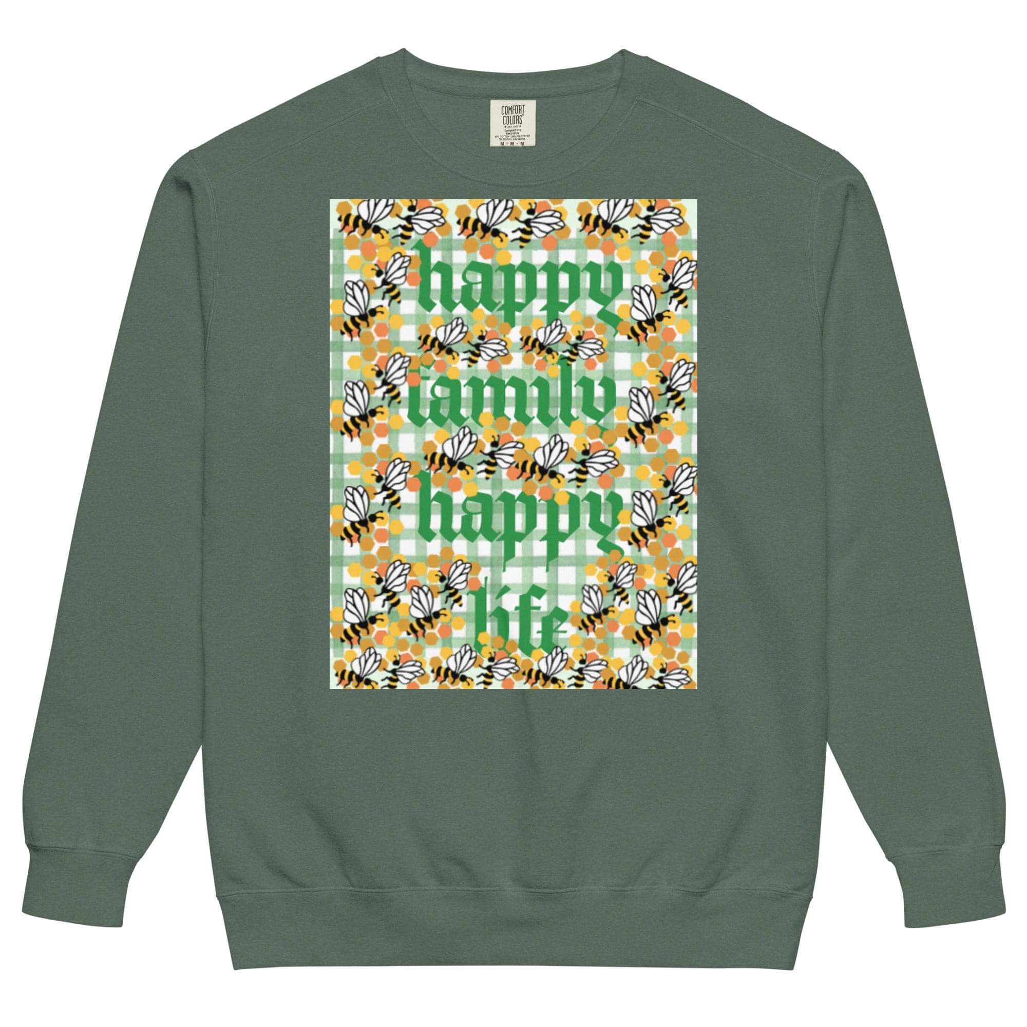 Green sweatshirt with floral "Happy Family" design.