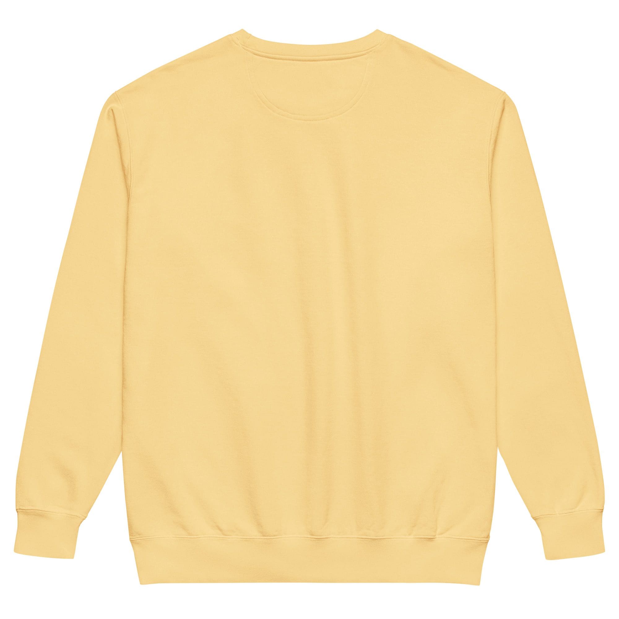 Beige sweatshirt back view on display.