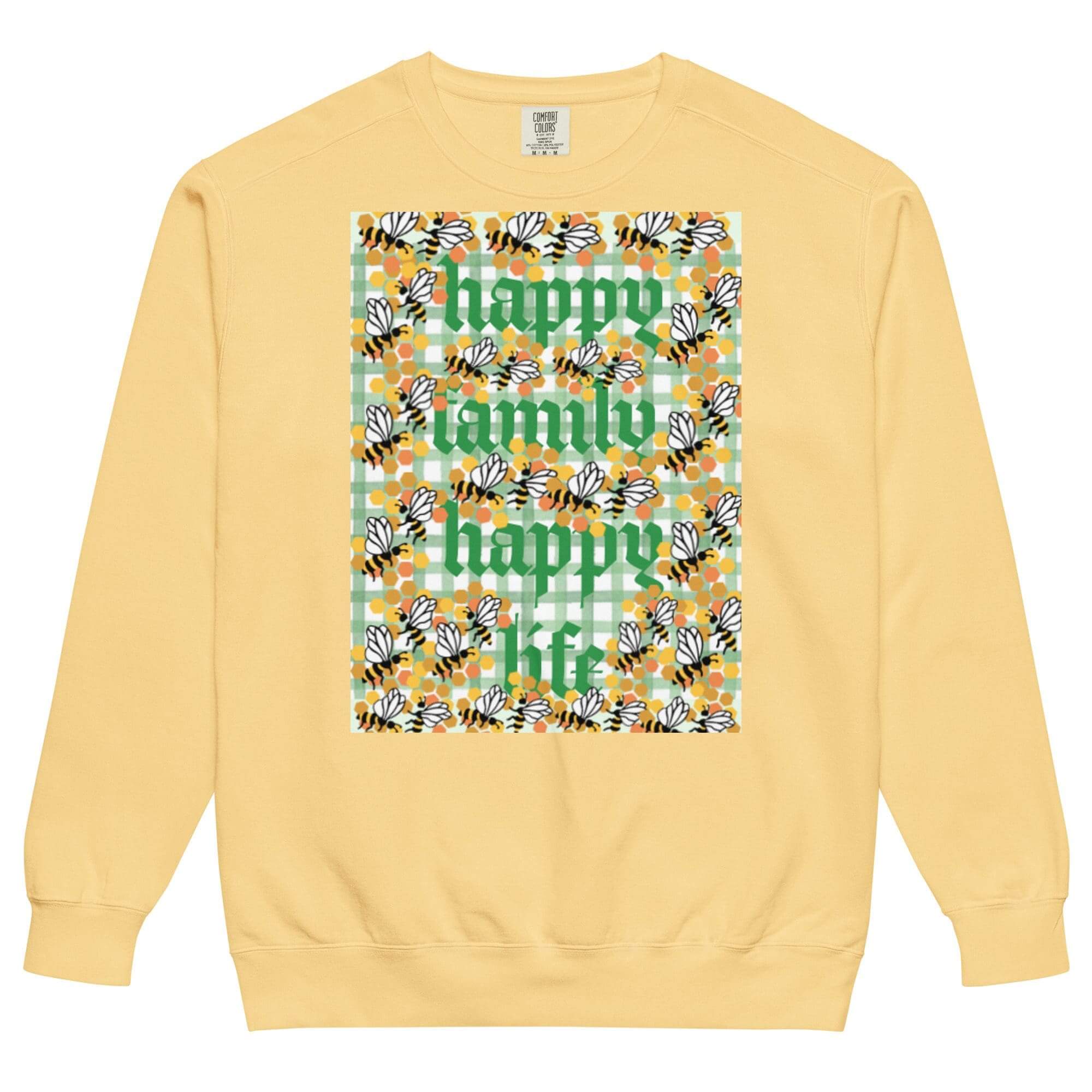 Yellow sweatshirt with floral "Happy Family" design.