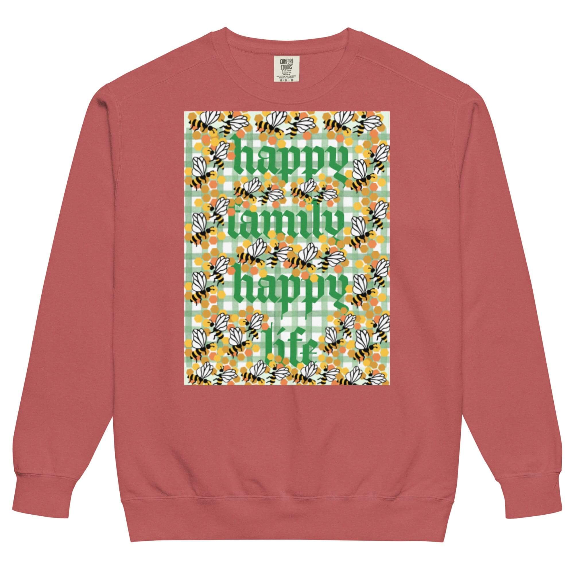 Red sweatshirt with floral "Happy Family" design.