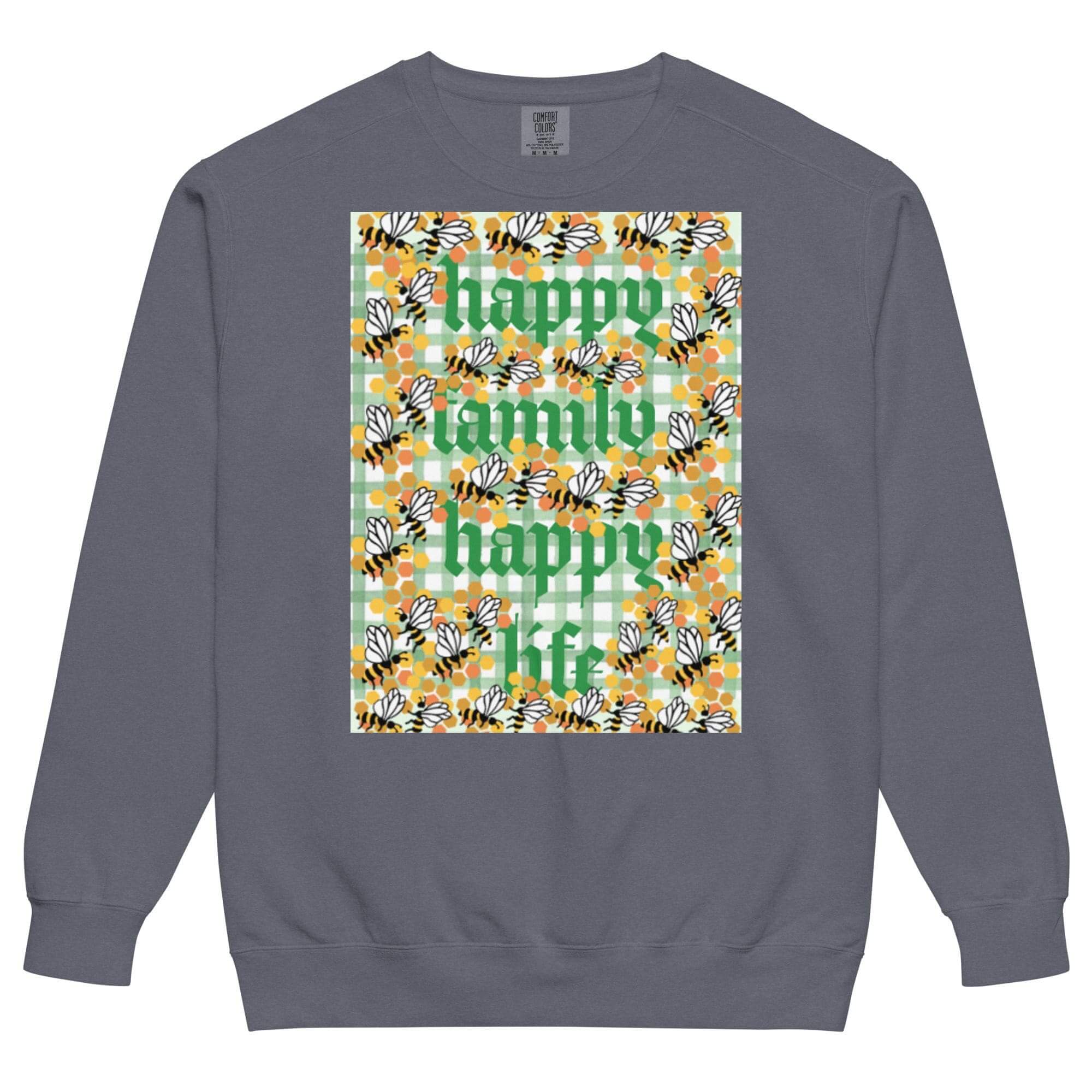 Gray sweatshirt with "Happy family happy life" graphic